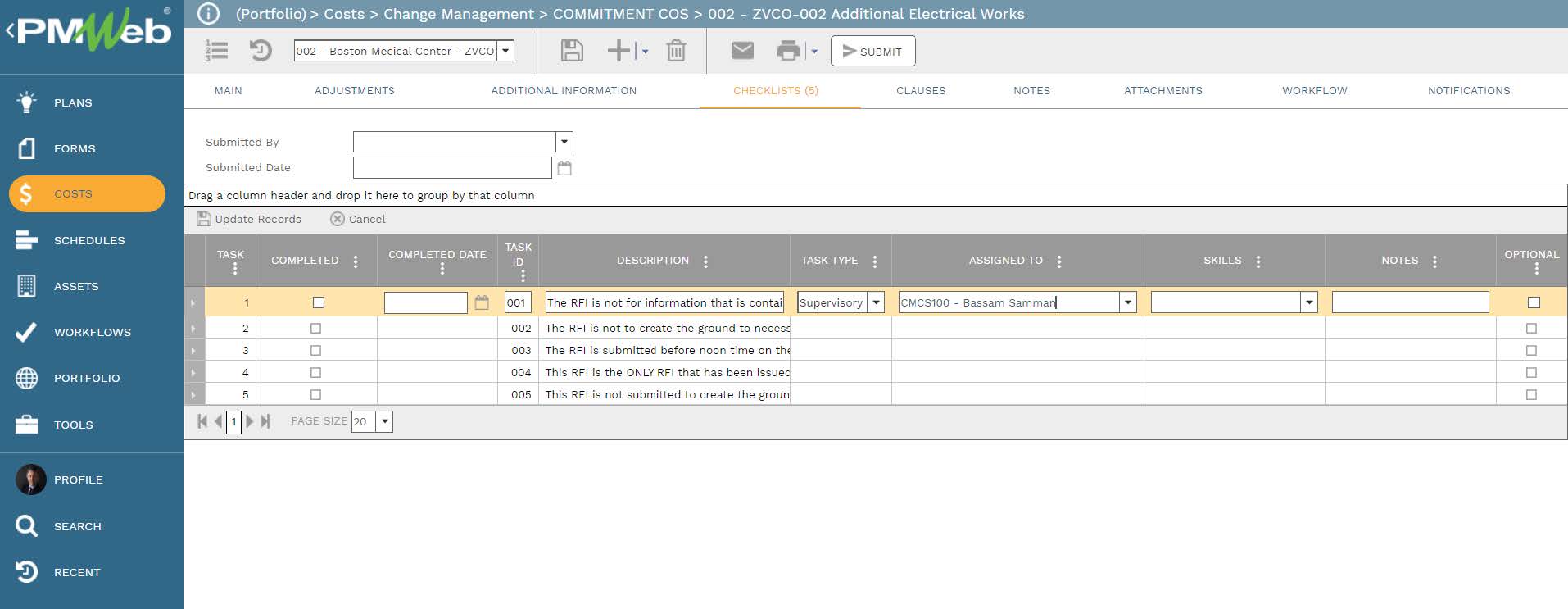 PMWeb 7 Costs Change Managment Commitment COS Additional Electrical Works 
Checklist 