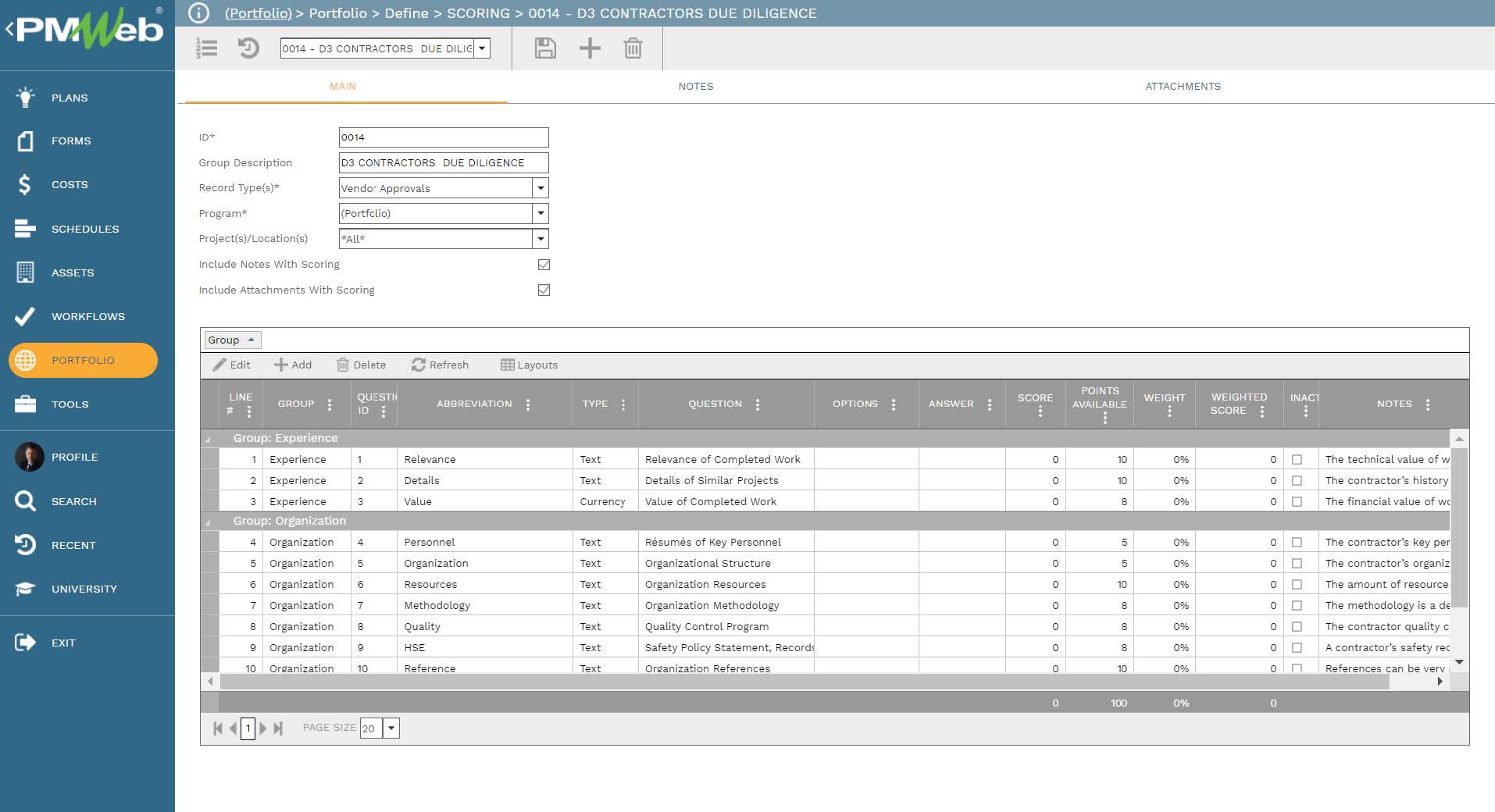 PMWeb 7 Portfolio Define Scoring Contractors Due Diligence
Main