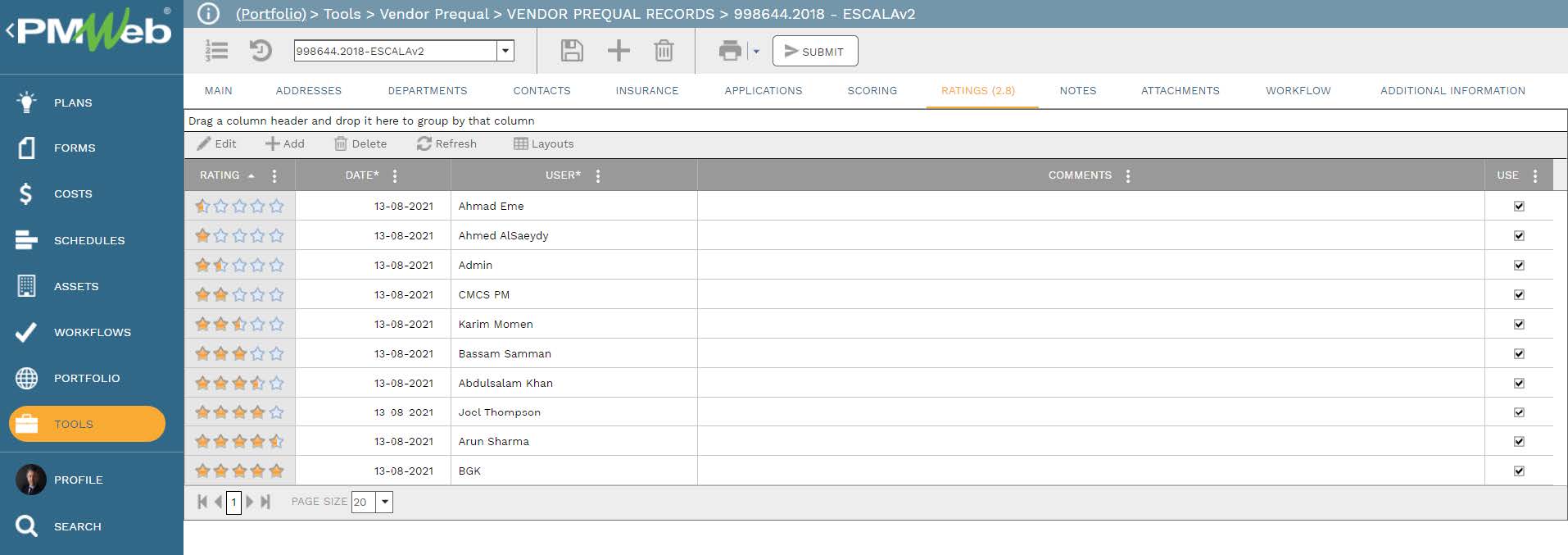 PMWeb 7 Tools Vendor Prequal
Vendor Prequal Records
Ratings