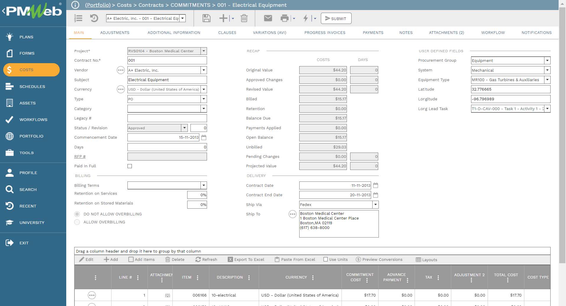 PMWeb 7 Costs Contracts Commitments Electrical Equipment
Main