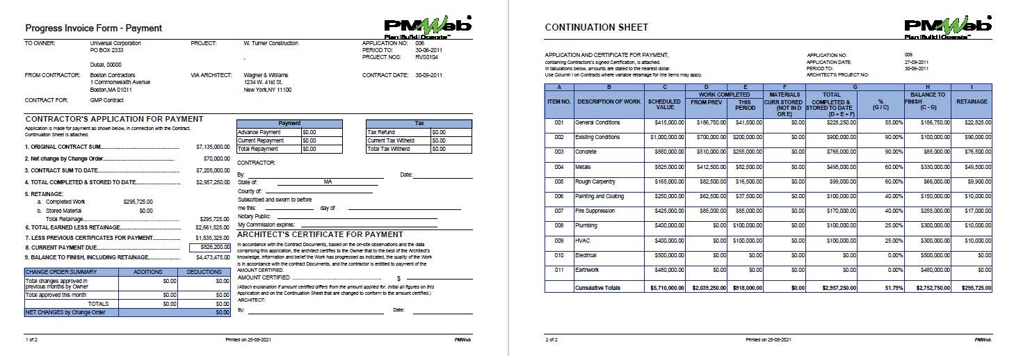 PMWeb 7 Progress Invoice Form Payment
Continuation Sheet