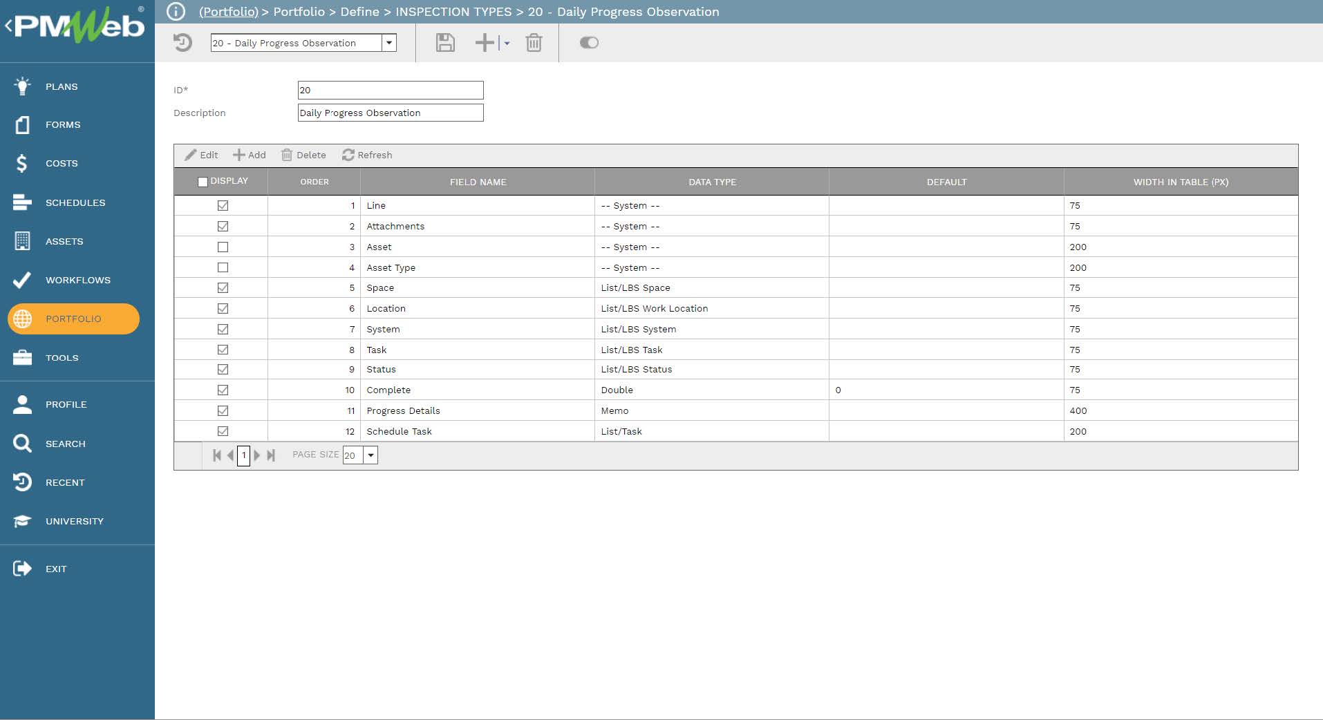 PMWeb 7 Portfolio Define Inspection Types Daily Progress Observation 