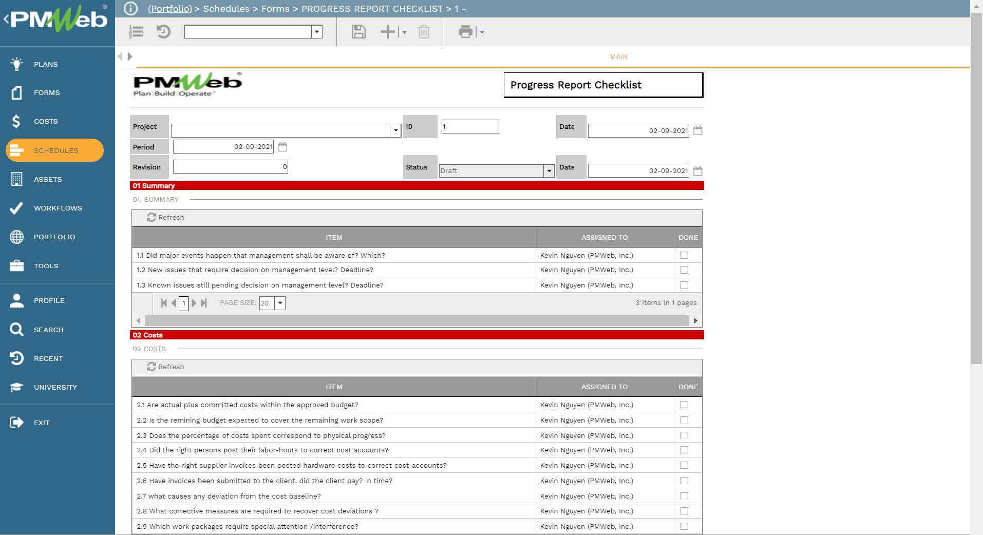 PMWeb 7 Schedules Forms Progress Report Checklist 
Main 