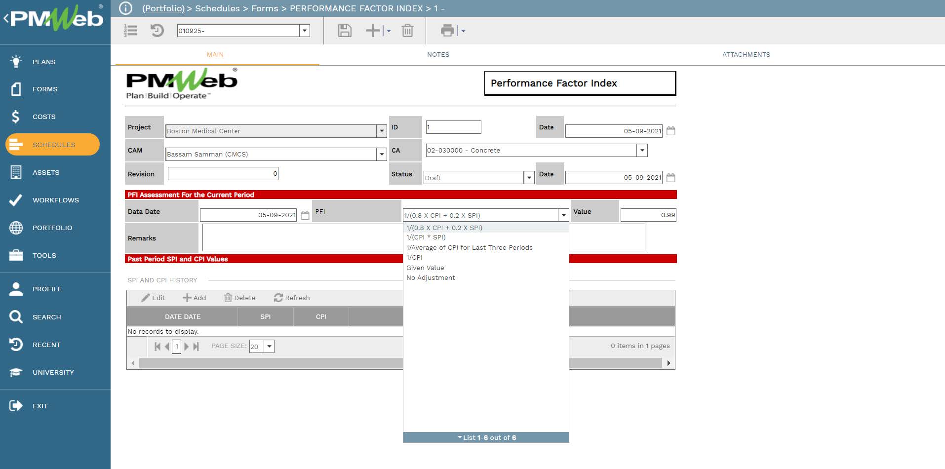 PMWeb 7 Schedules Forms Performance Factor Index 
Main 