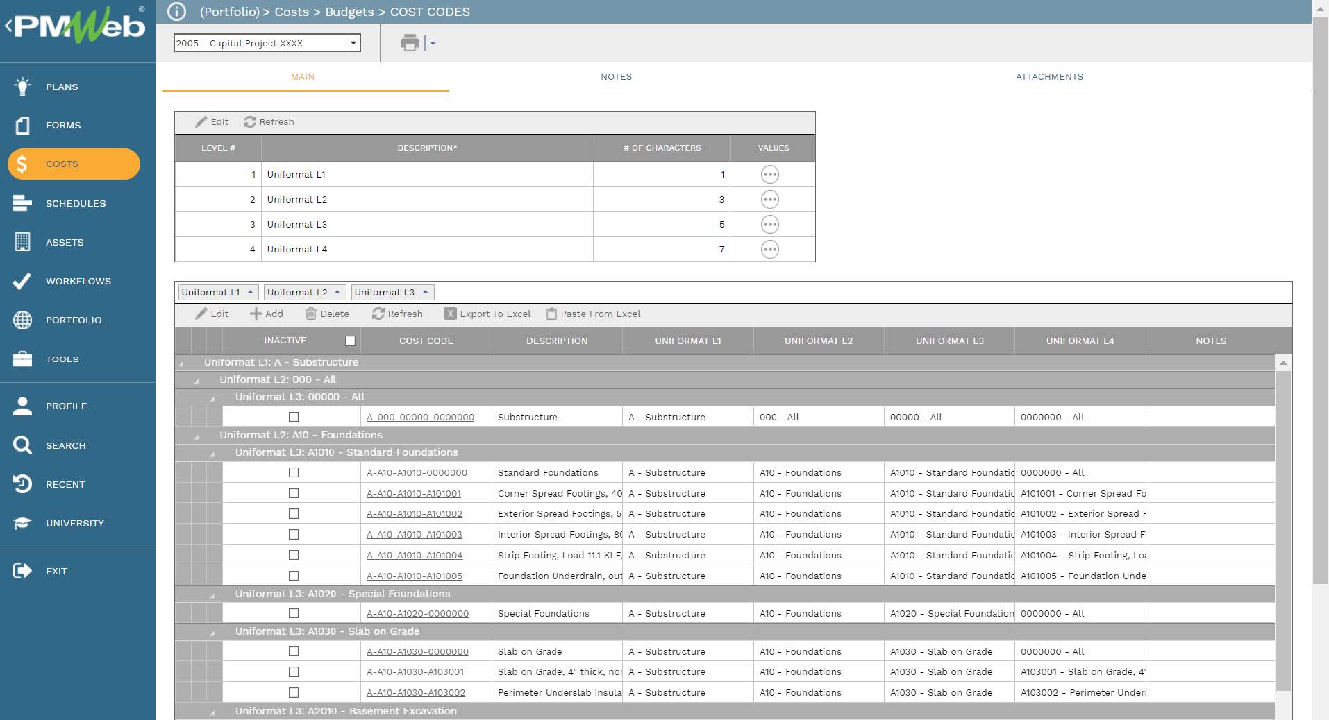 PMWeb 7 Costs Budgets Cost Codes
Main