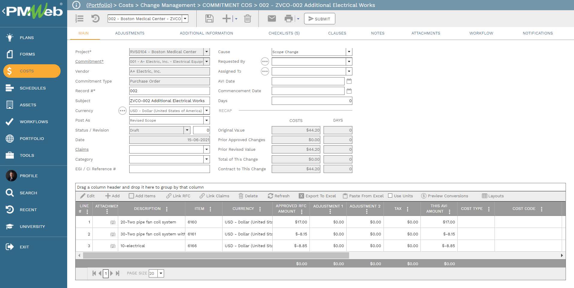PMWeb 7 Costs Change Management Commitment COS Additional Electrical Works
Main