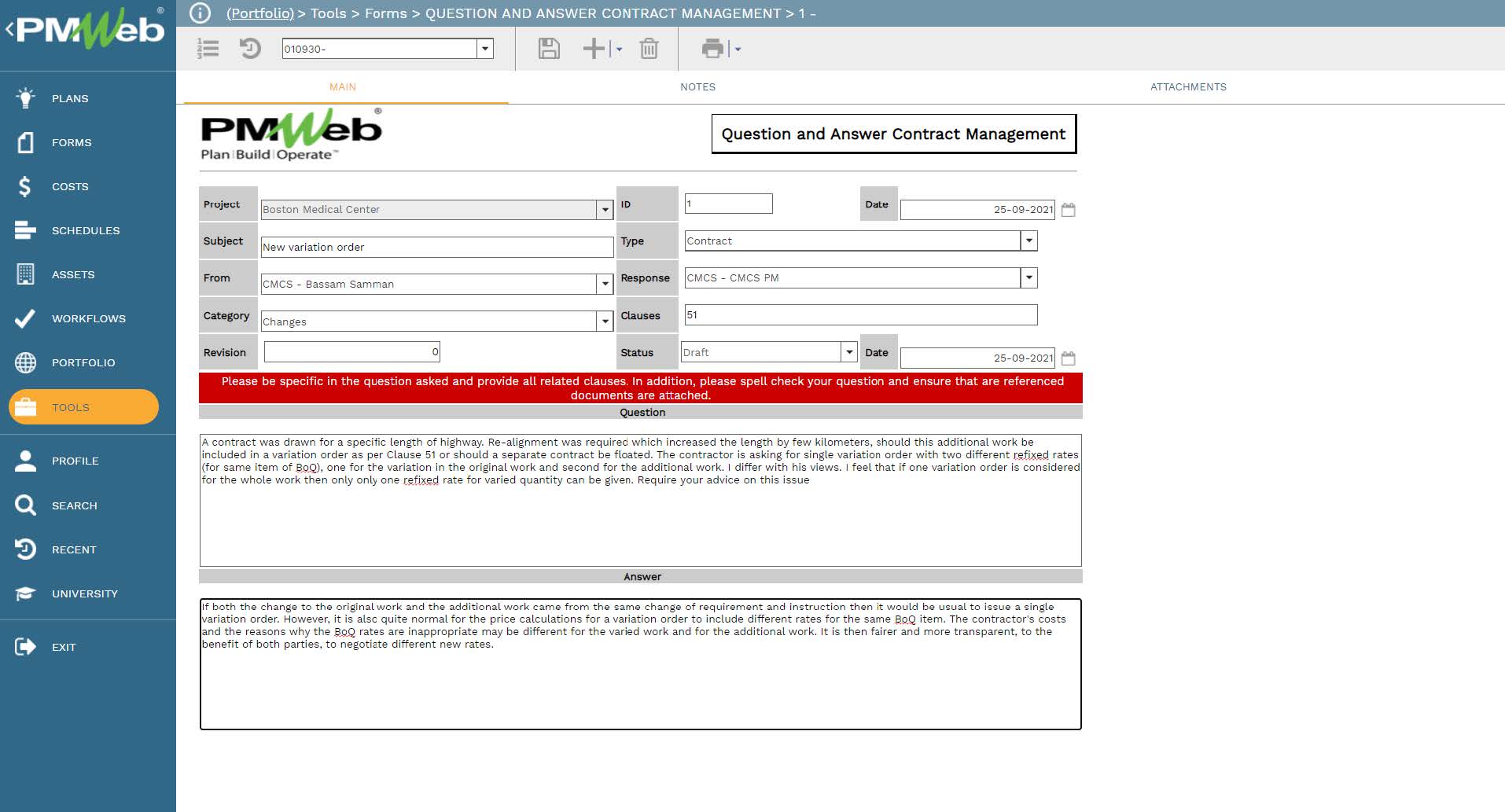 PMWeb 7 Tools Forms Questions and Answers Contract Management
Main