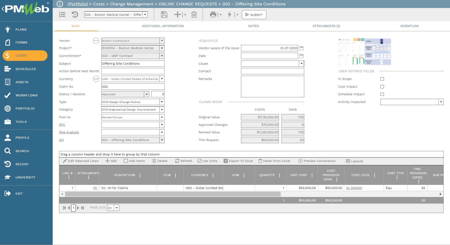 PMWeb 7 Costs Change Management online Change Requests Differing Site Conditions for Three-Stage Change Management