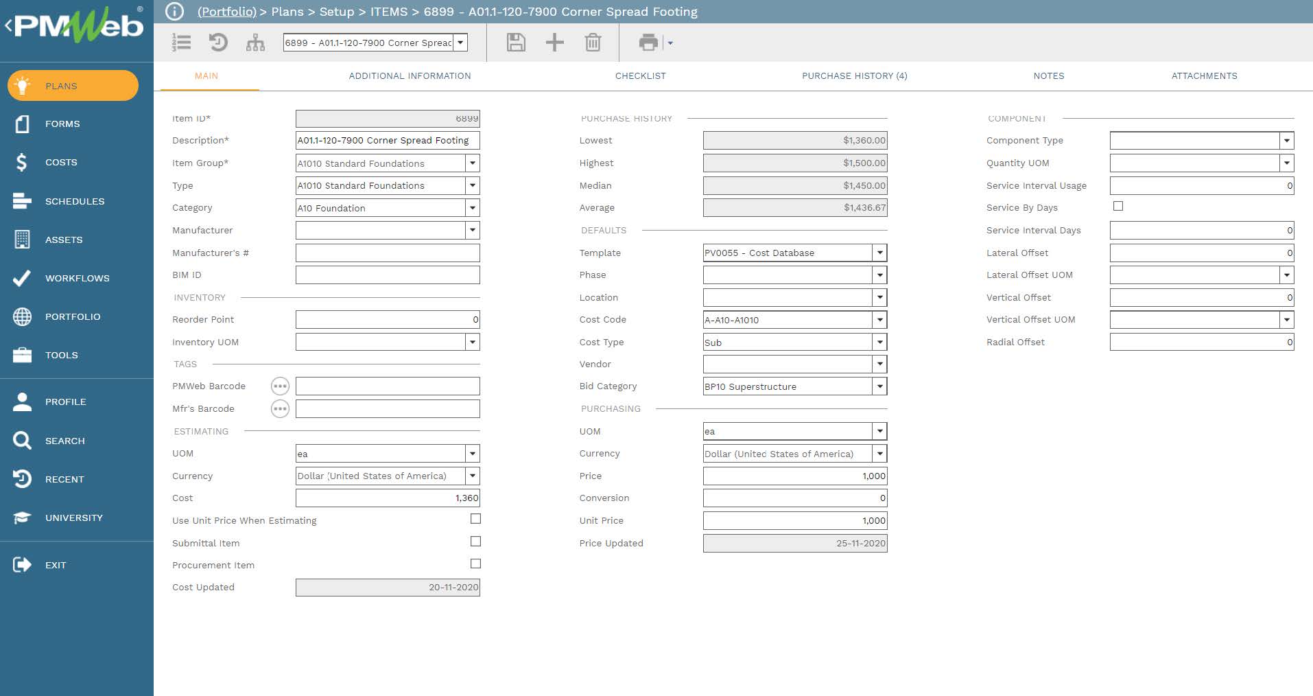 PMWeb 7 Plans Setup Items Corner Spread Footing 
Main
