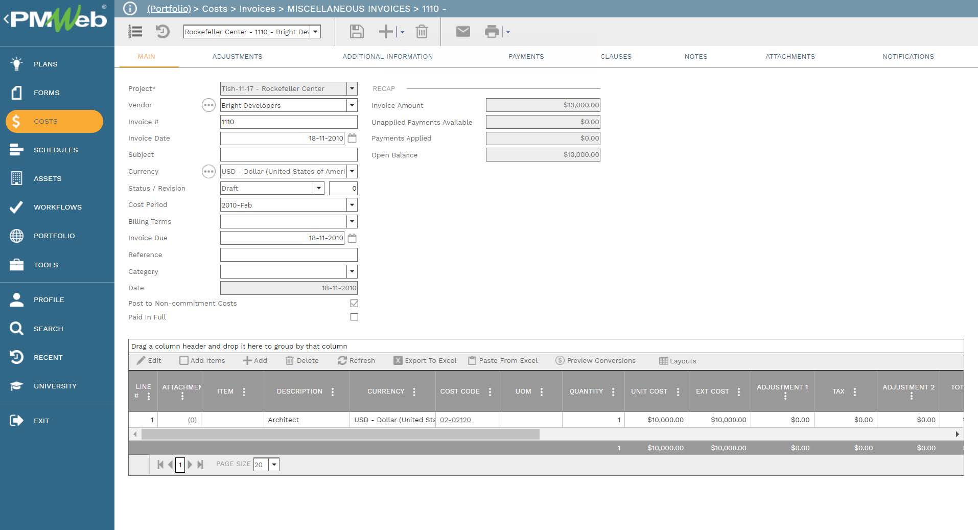 PMWeb 7 Costs Invoices Miscellaneous Invoices
Main