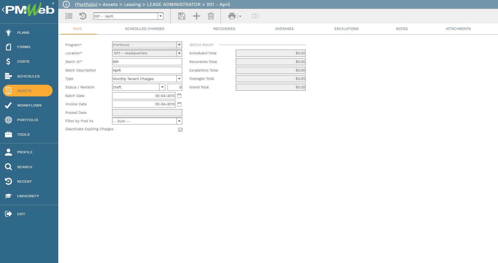 PMWeb 7 Assets Leasing Leases Administrator 001 April
Main