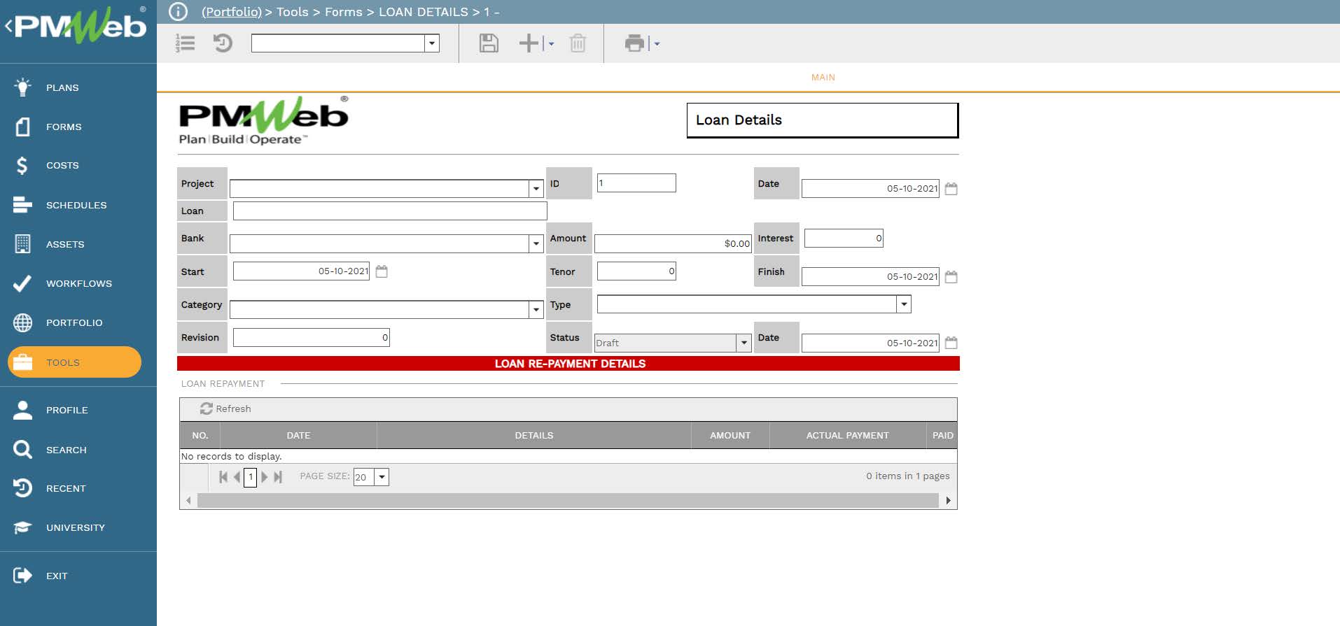 PMWeb 7 Tools Forms Loan Details
Main