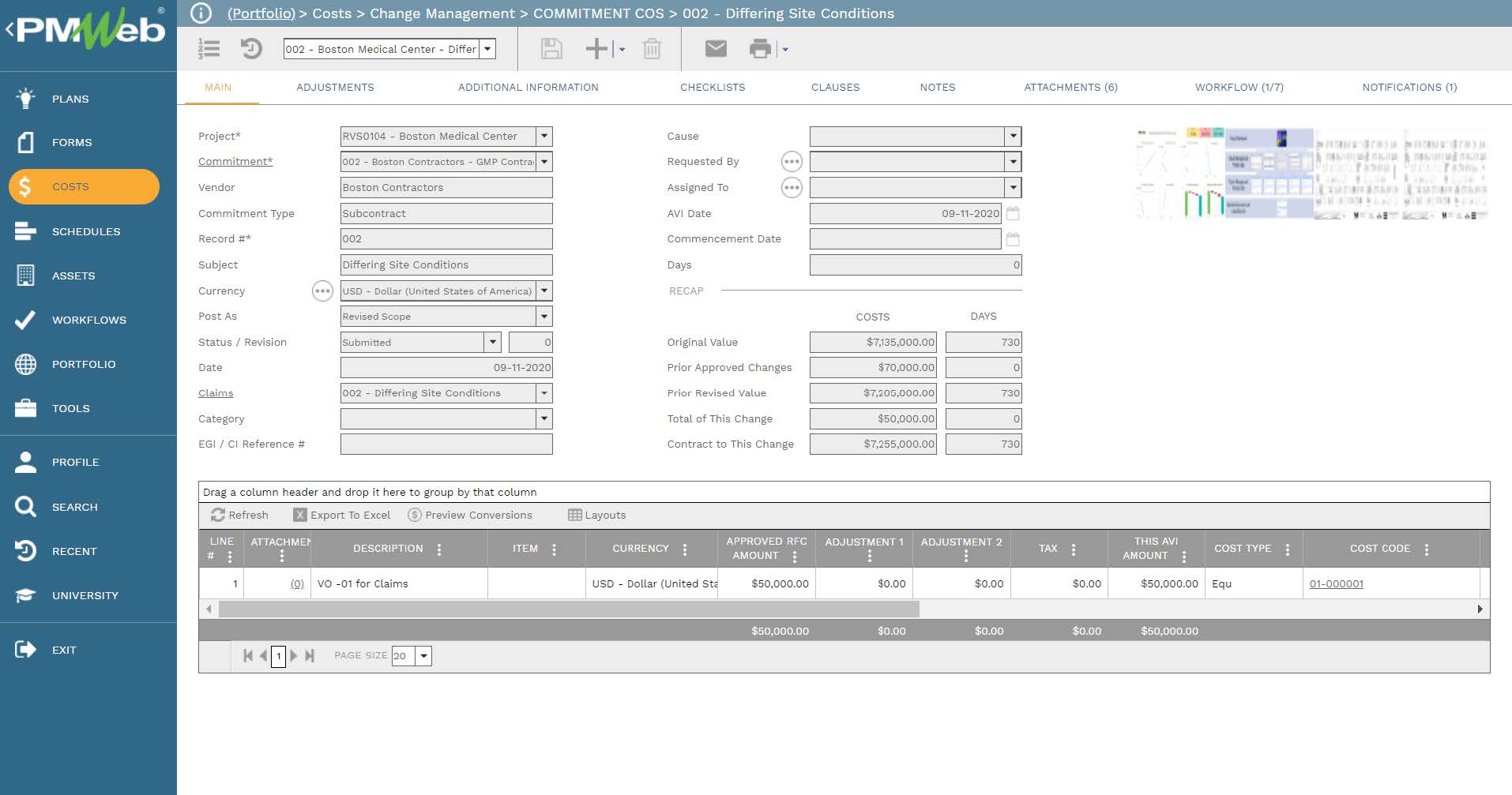 PMWeb 7 Costs Change management Commitment COS Differing Site Conditions
Main