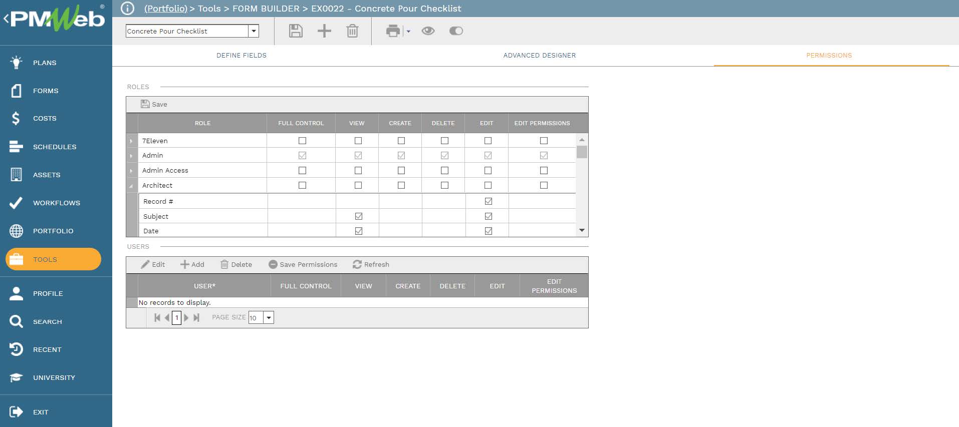 PMWeb 7 Tools Form Builder Ex0022 Concrete Pour Checklist
Permissions