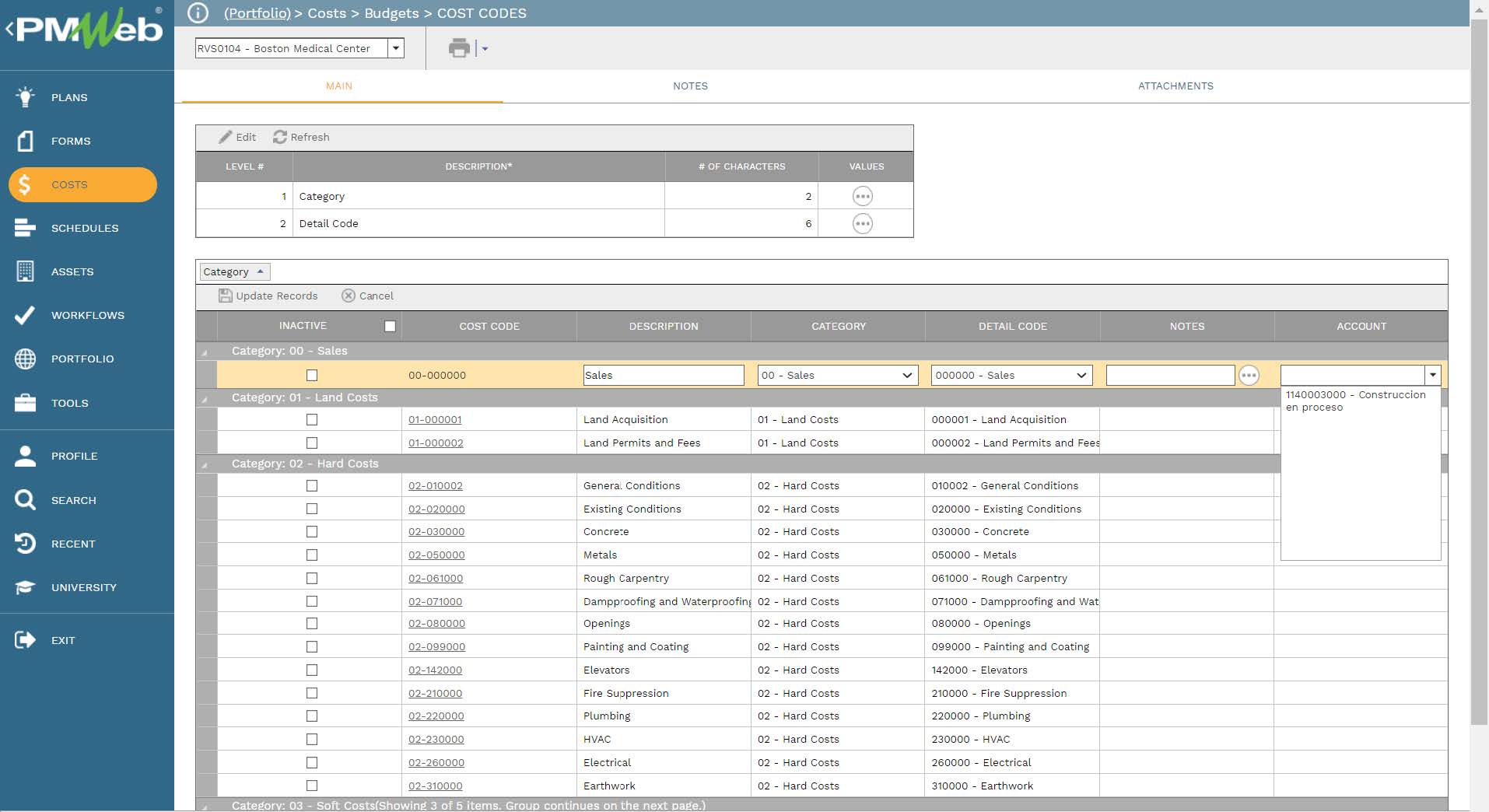 PMWeb 7 Costs Budgets Cost Codes
Main