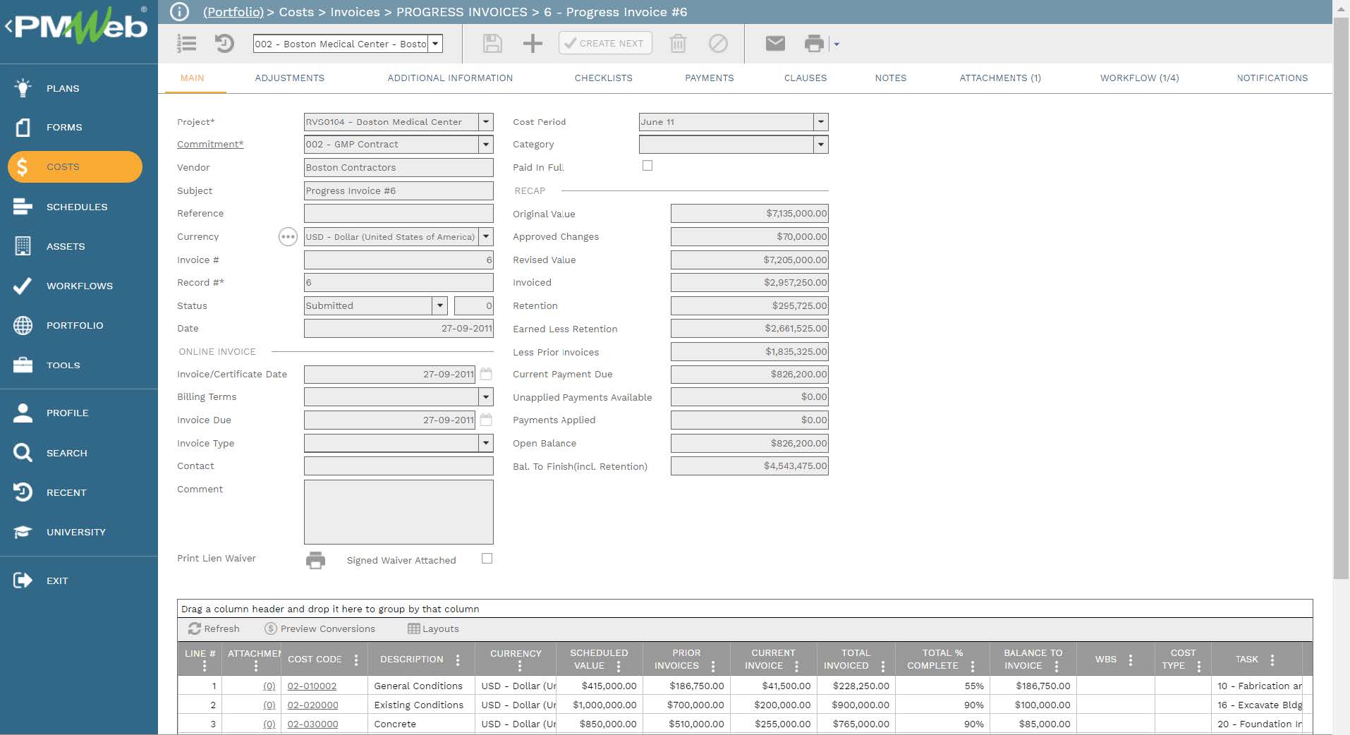 PMWeb 7 Costs Invoices Progress Invoices Progress Invoice
Main