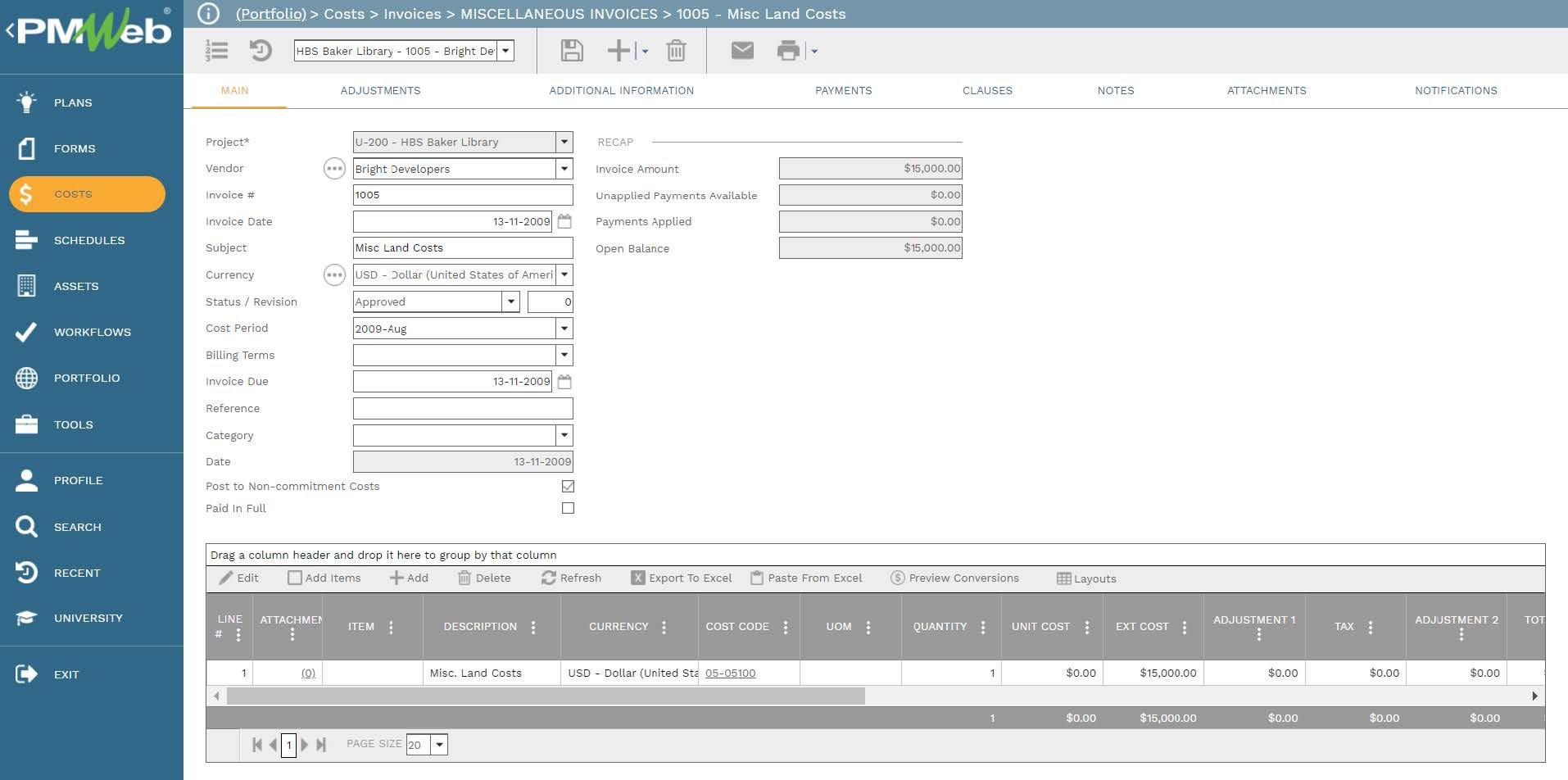 PMWeb 7 Costs Invoices Miscellaneous Invoices Misc Land Costs
Main