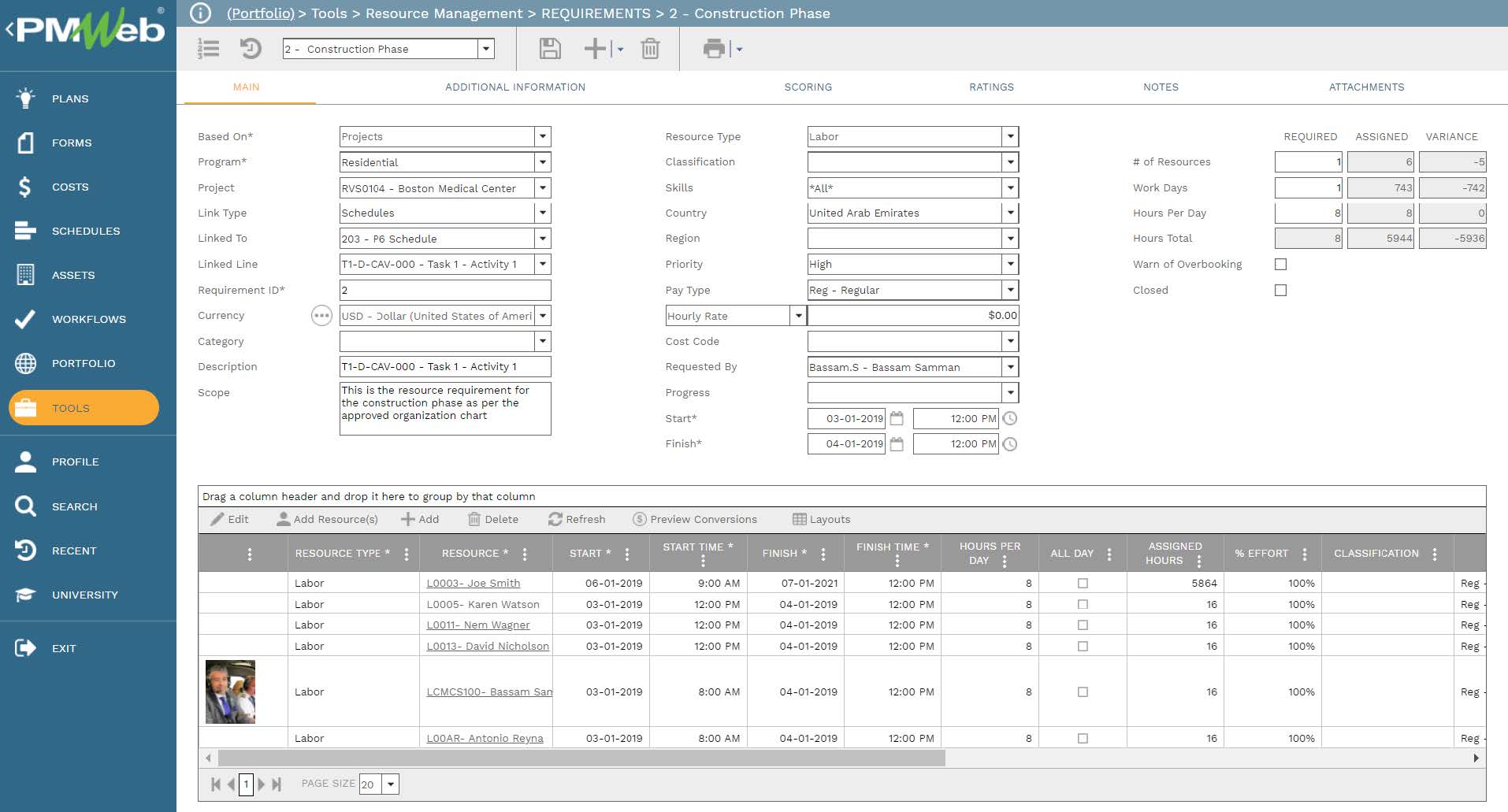PMWeb 7 Tools Resource Management Requirements Construction Phase
Main