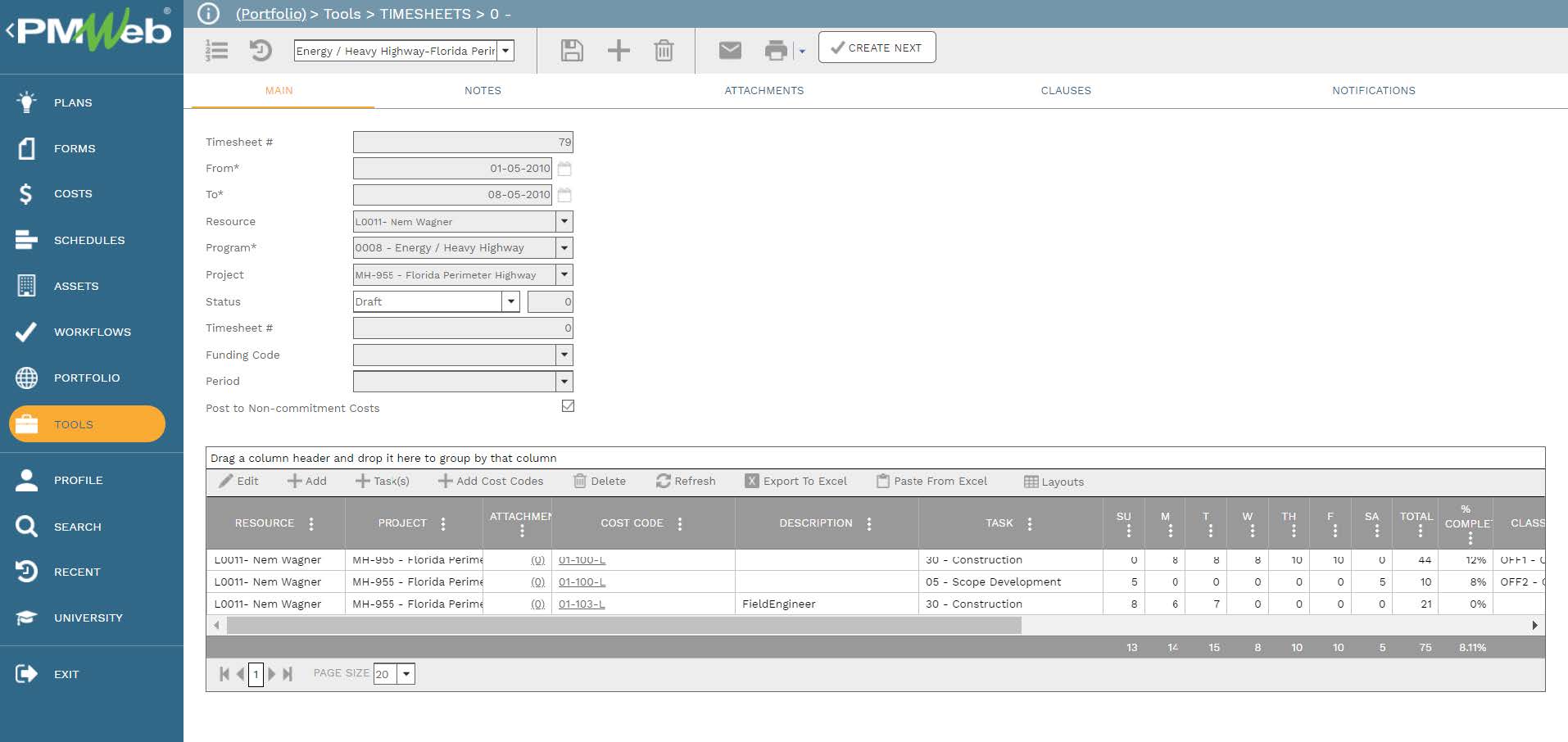 PMWeb 7 Tools Timesheets
Main