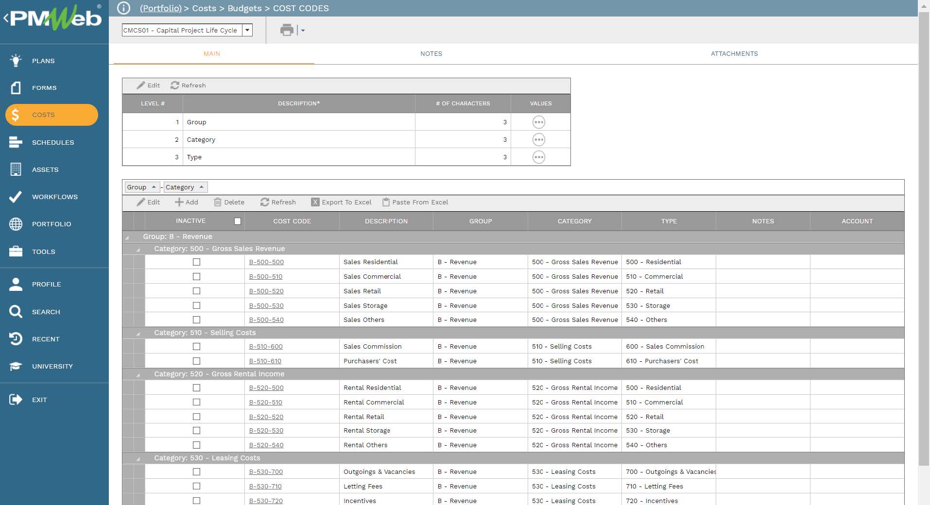 PMWeb 7 Costs Budgets Cost Codes
Main
