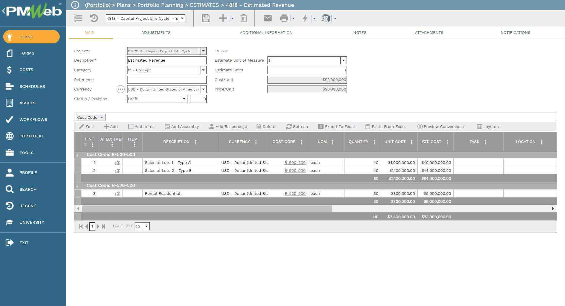 PMWeb 7 Plans Portfolio Planning Estimates Estimated Revenue
Main