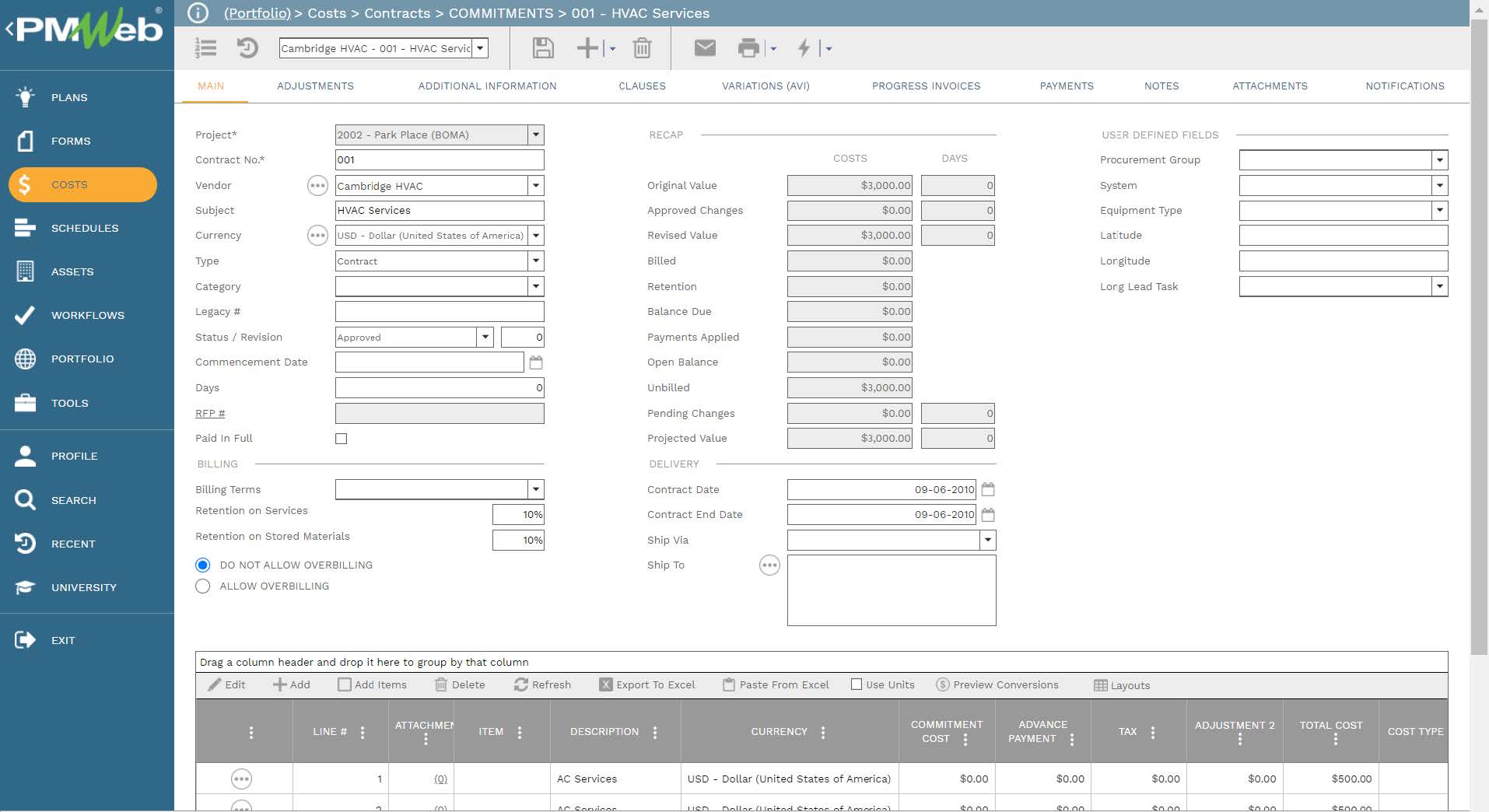 PMWeb 7 Costs Contracts Commitments HVAC Services
Main