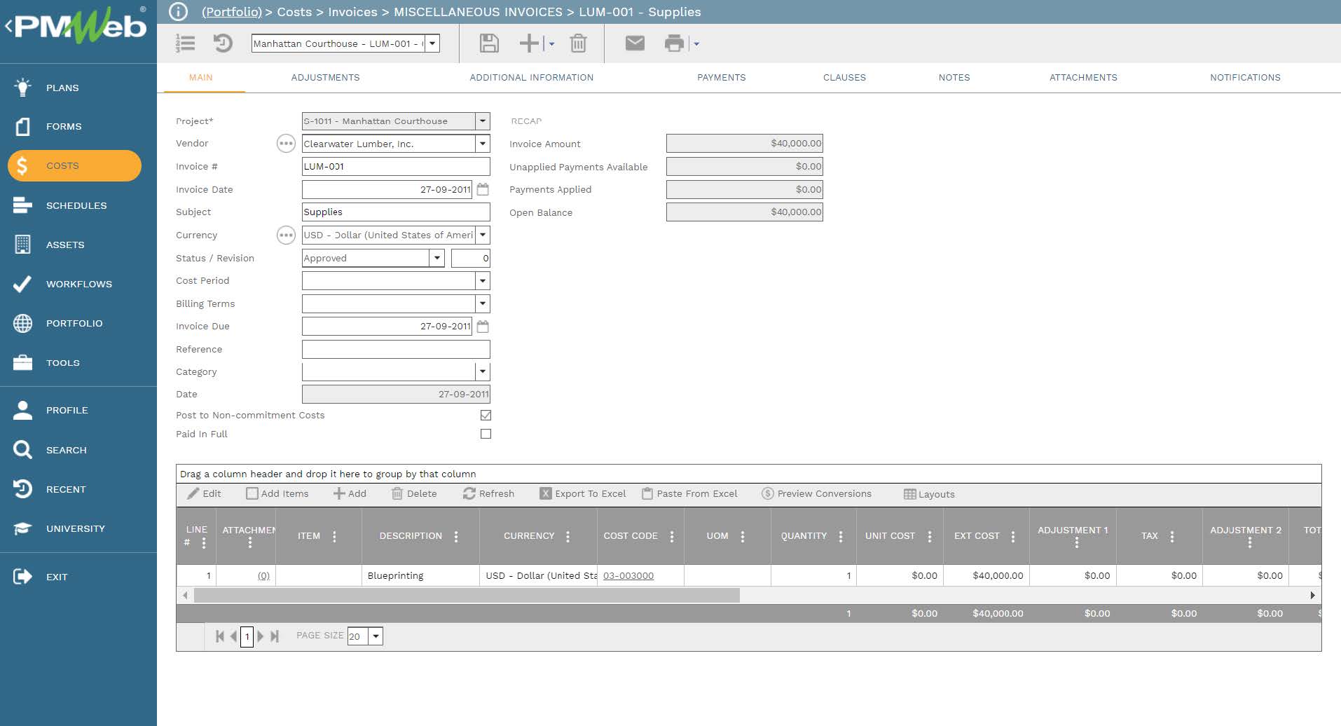 PMWeb 7 Costs Invoices Miscellaneous Invoices Lum Supplies
Main