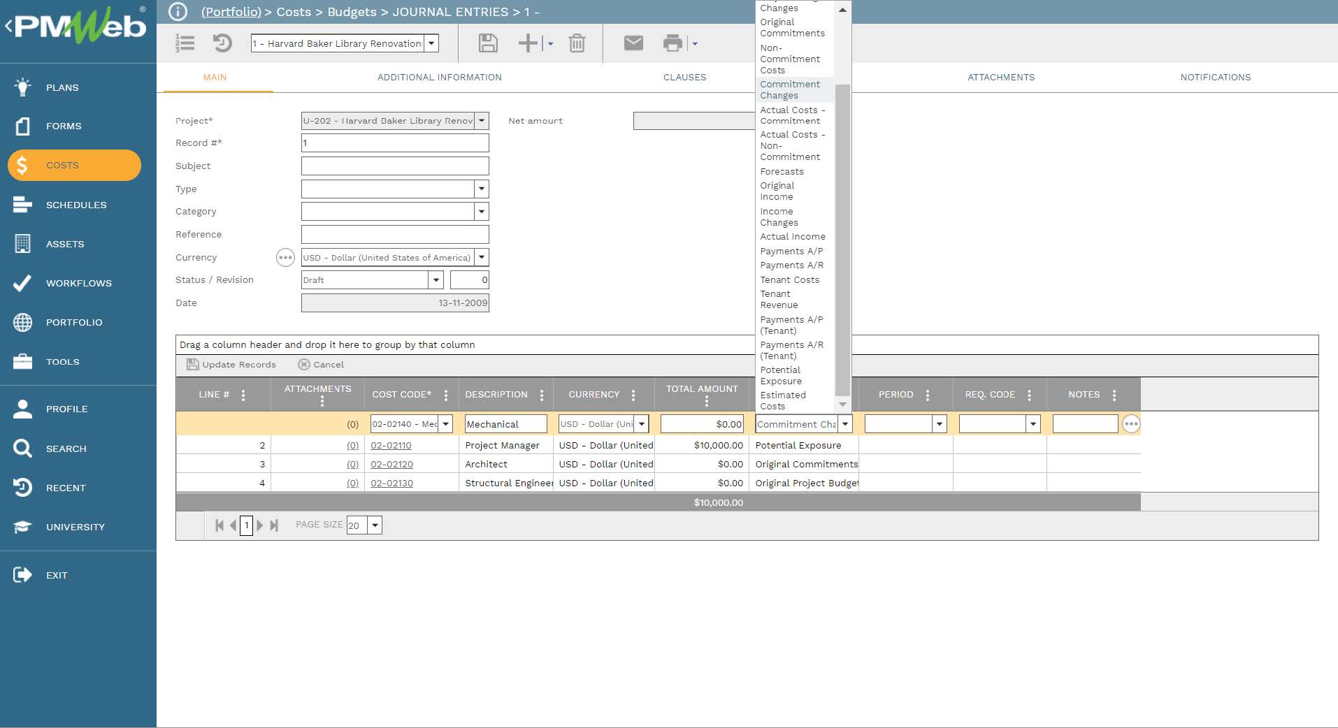 PMWeb 7 Costs Budgets Journal Entries
Main