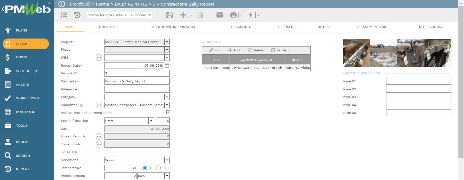 PMWeb 7 Forms Daily Reports Contractor's Daily Report 
Main 