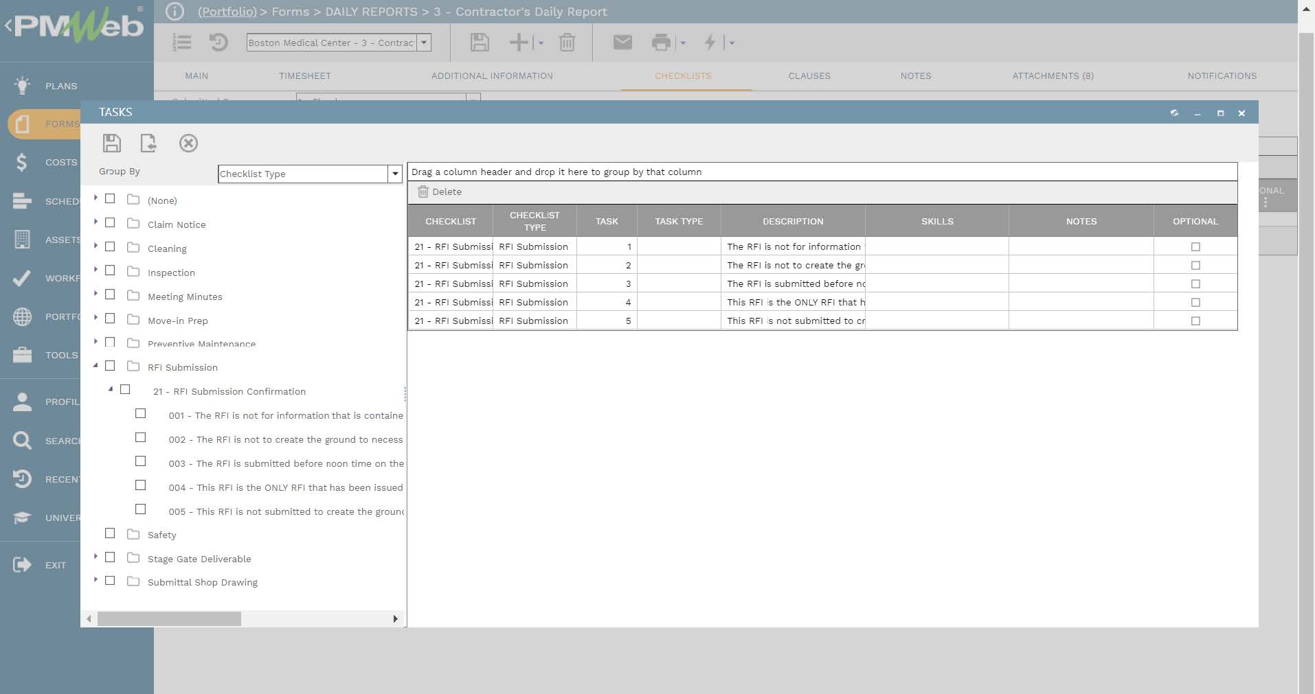 PMWeb 7 Forms Daily Reports Contractor's Daily Report
Checklist Tasks
