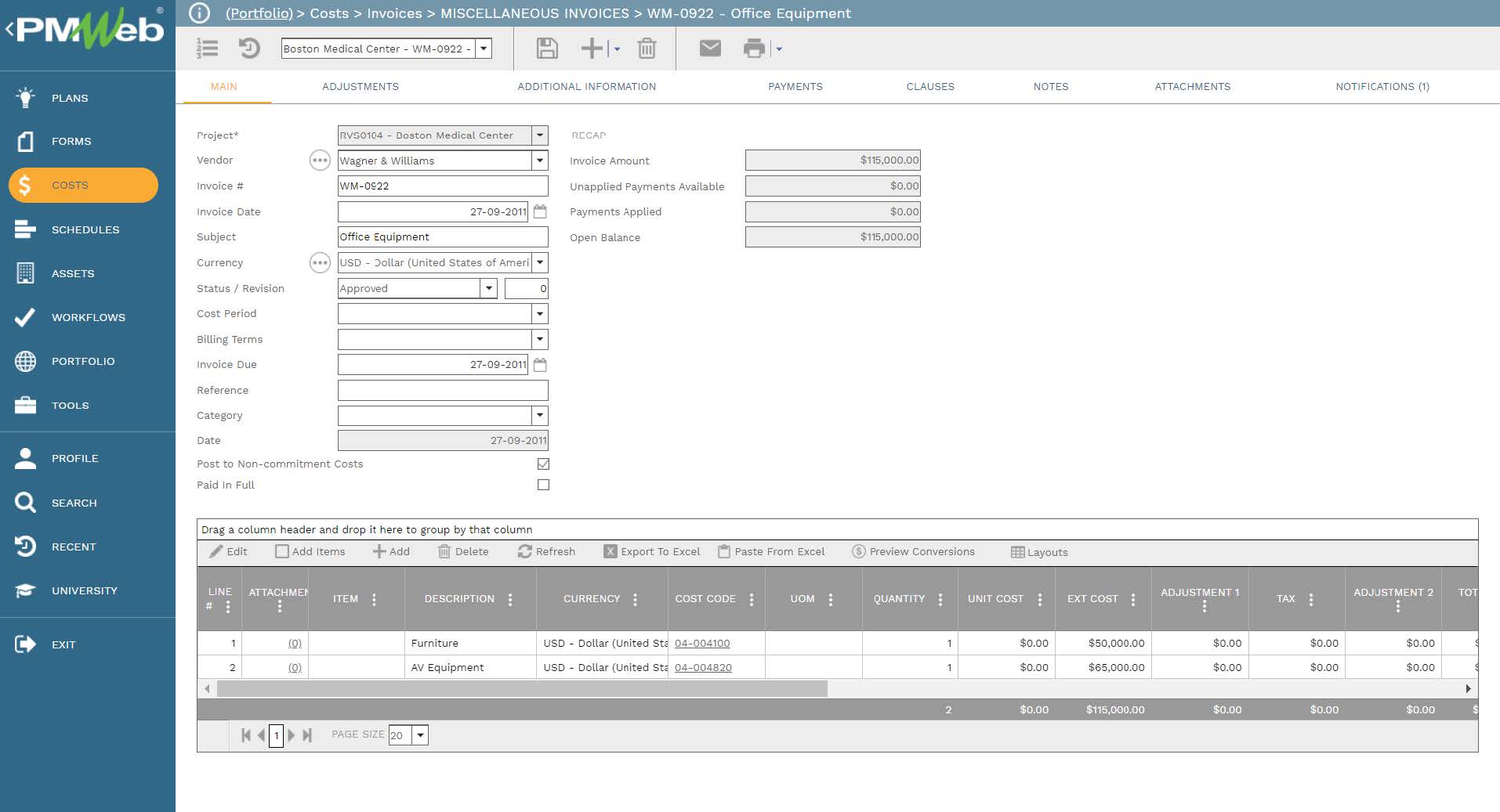 PMWeb 7 Costs Invoices Miscellaneous Invoices Office Equipment
Main