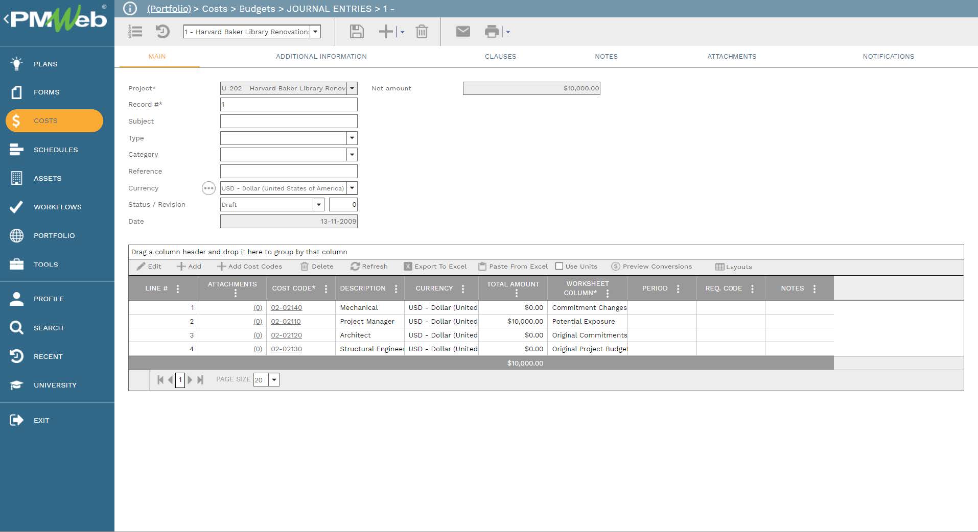 PMWeb 7 Costs Budgets Journal Entires
Main