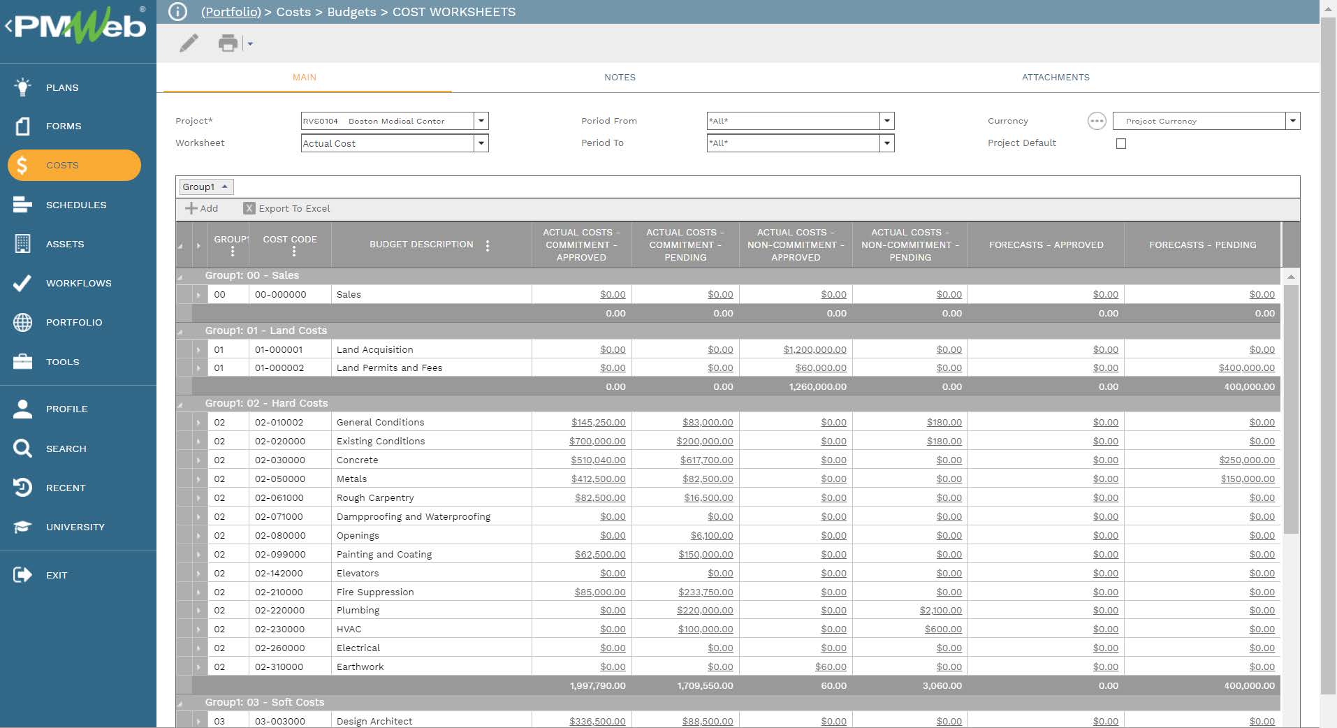 PMWeb 7 Costs Budgets Cost Worksheets
Main