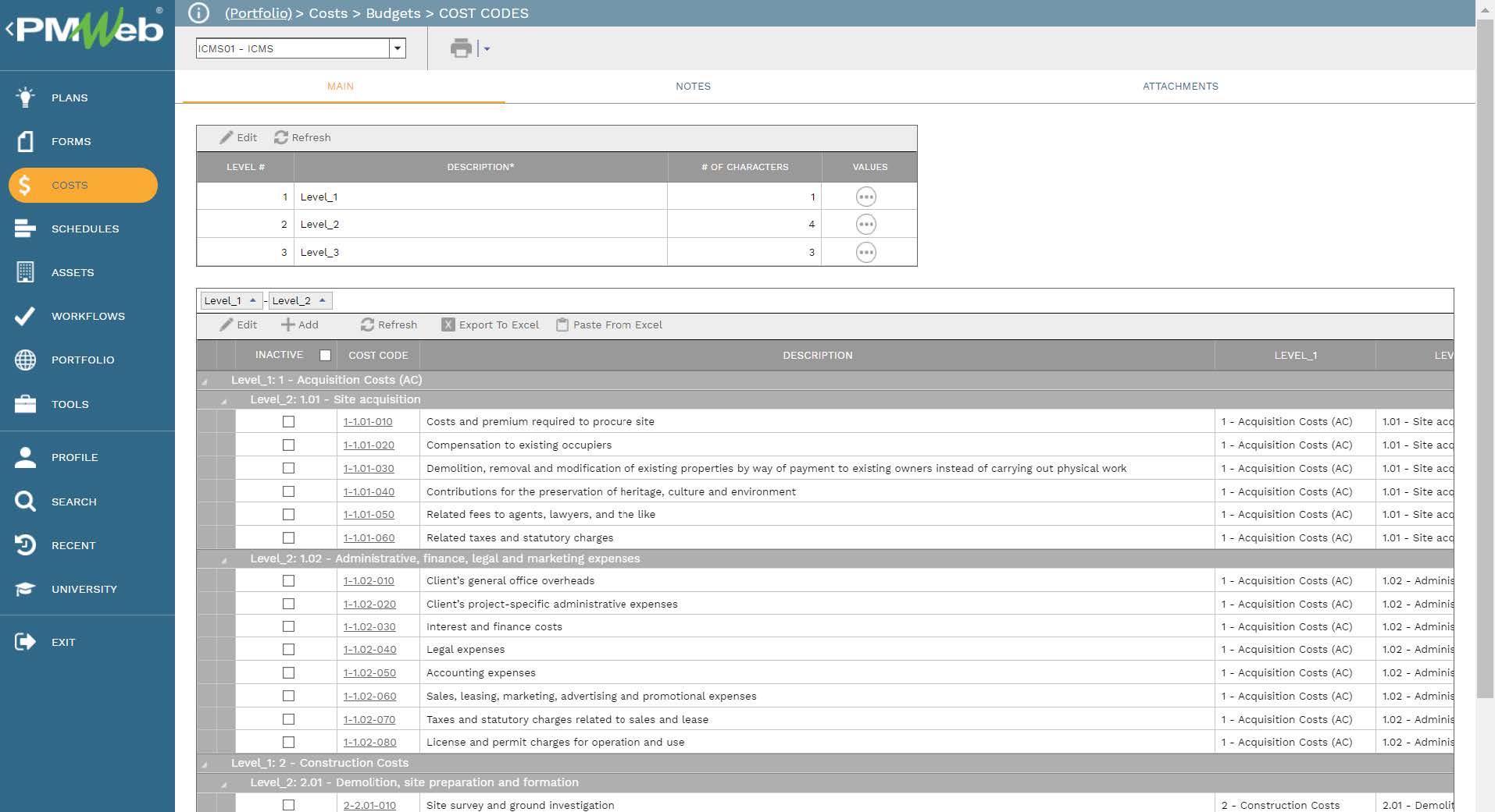 PMWeb 7 Costs Budgets Cost Codes
Main