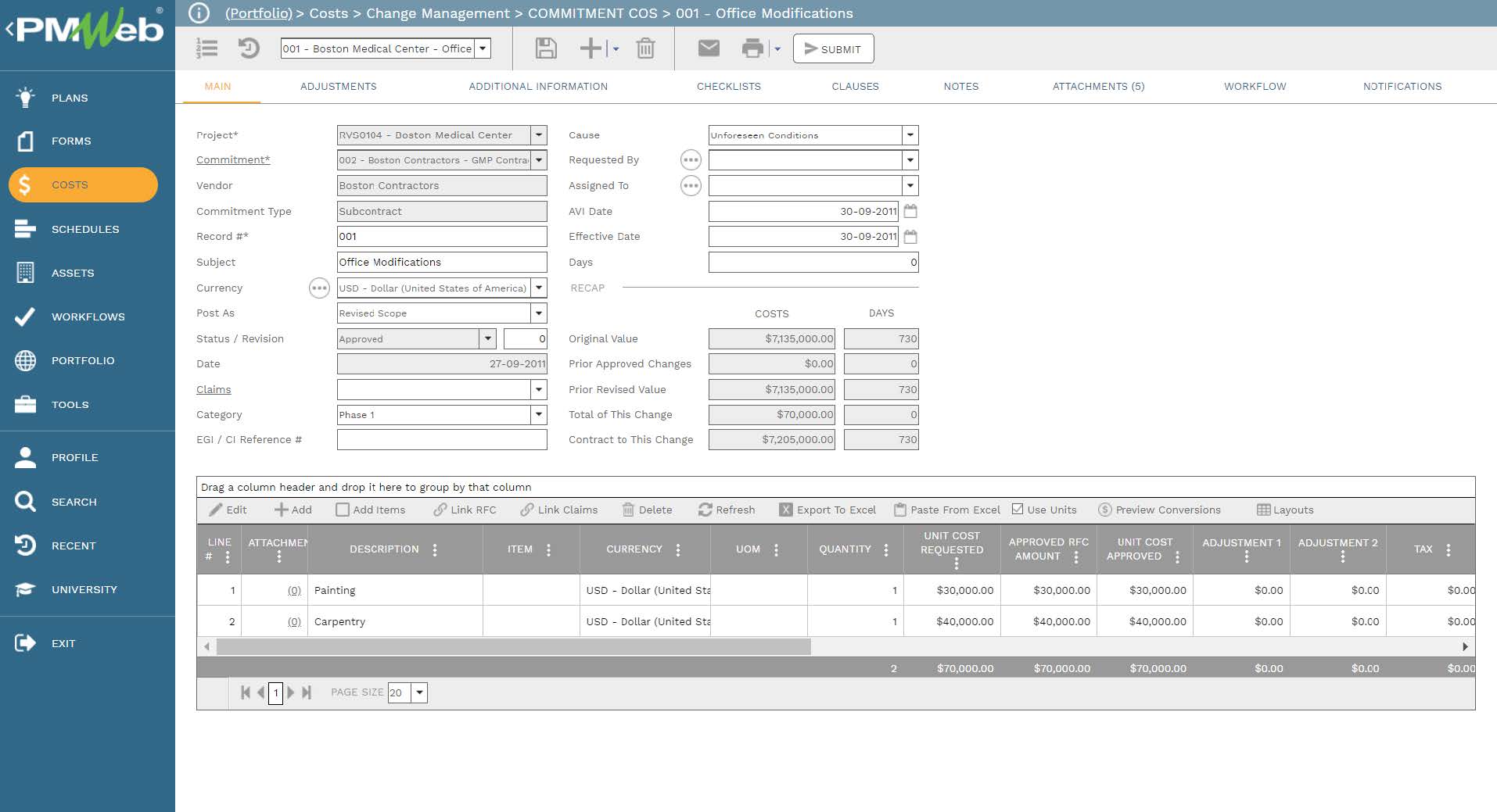 PMWeb 7 Costs Change Managment Commitment COS Office Modifications