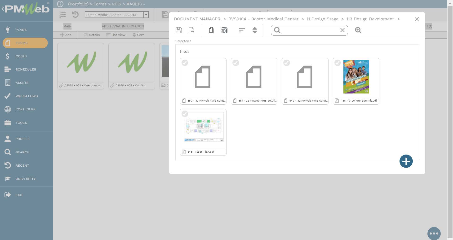 PMWeb 7 Forms RFIs Attachment
Document Manager Boston Medical Center 11 Design Stage 113 Design Development