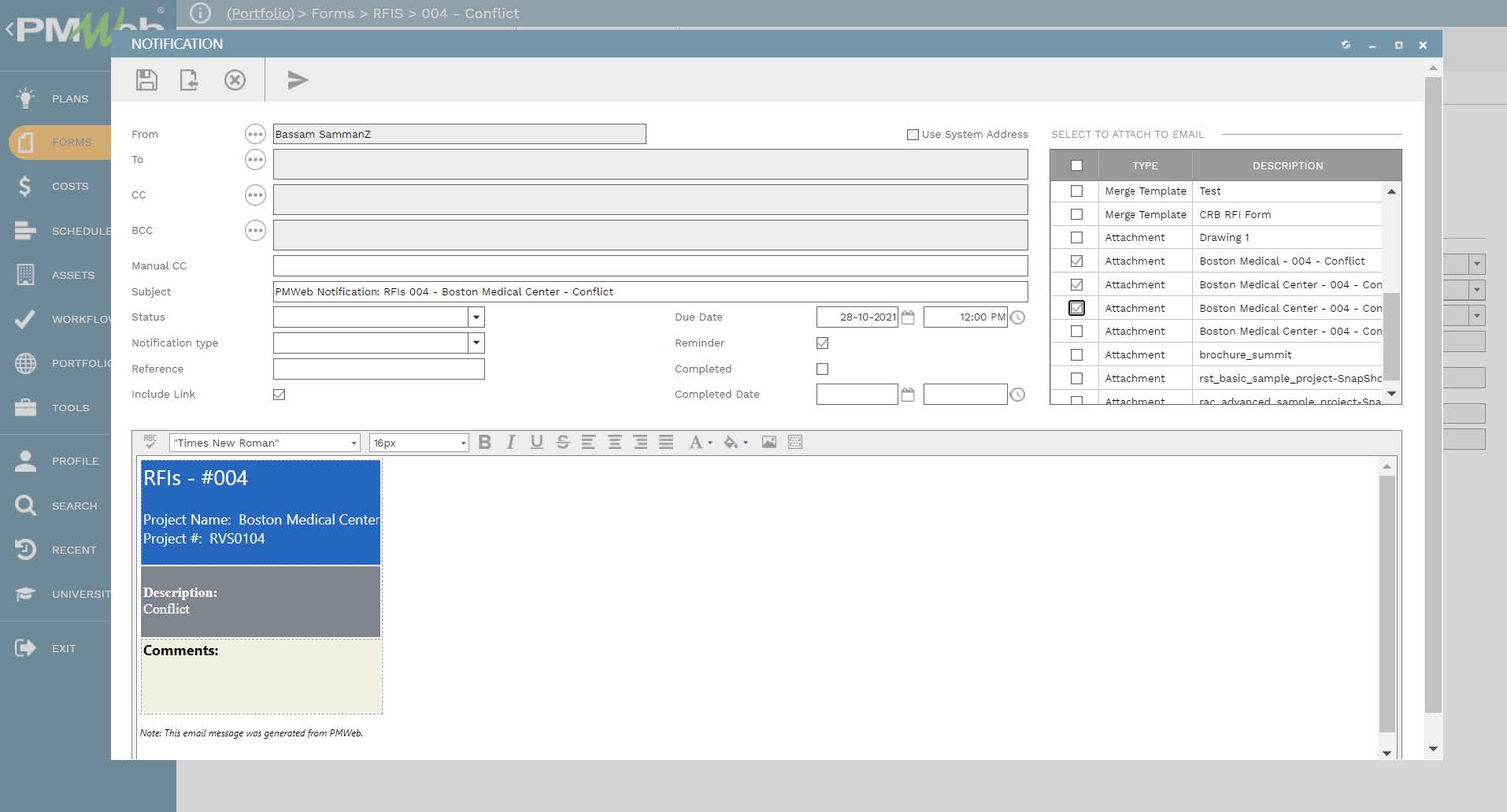 PMWeb 7 Forms RFIs Conflict
Notification