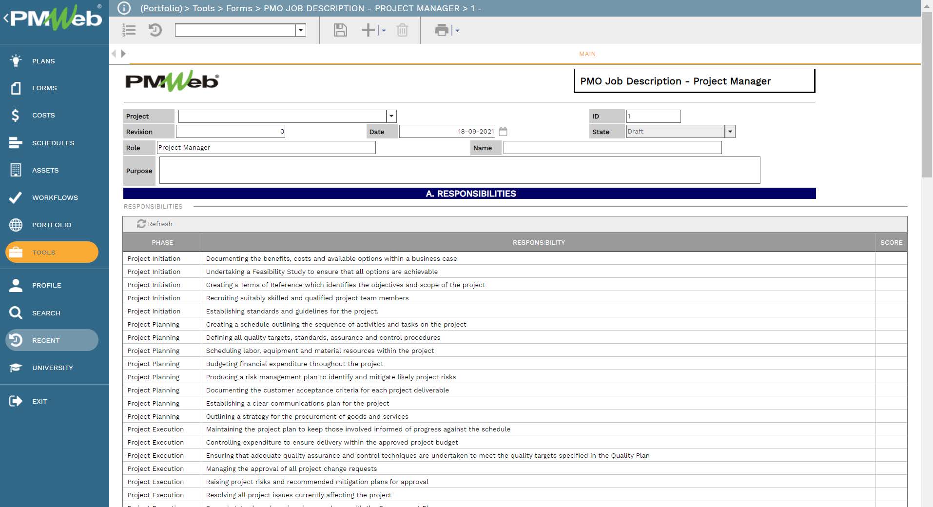 PMWeb 7 Tools Forms PMO JOB Description Project Manager
Main