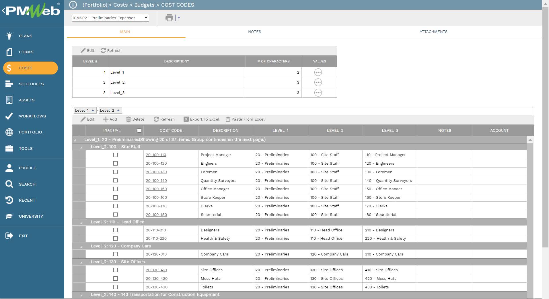 PMWeb 7 Costs Budgets Cost Codes
Main