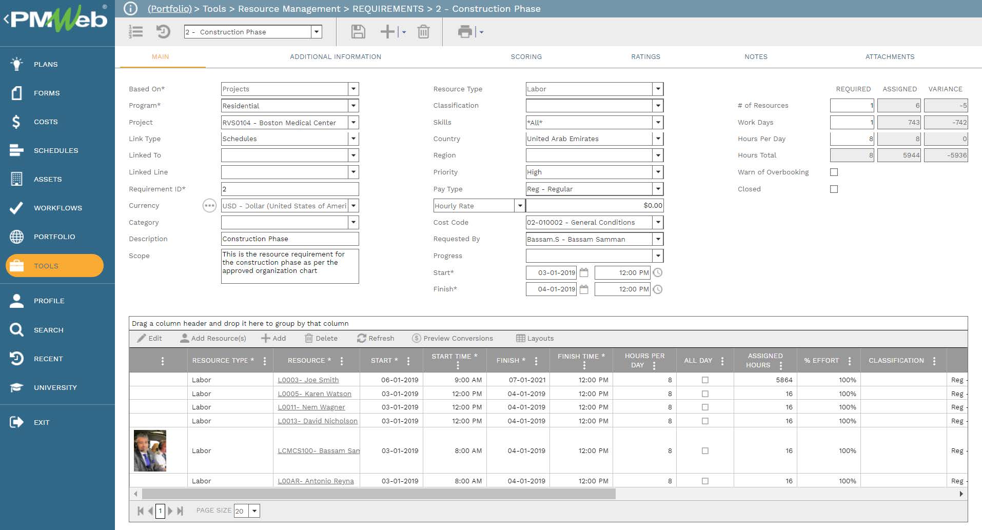 PMWeb 7 Tools Resource Management Requirements Construction Phase
Main