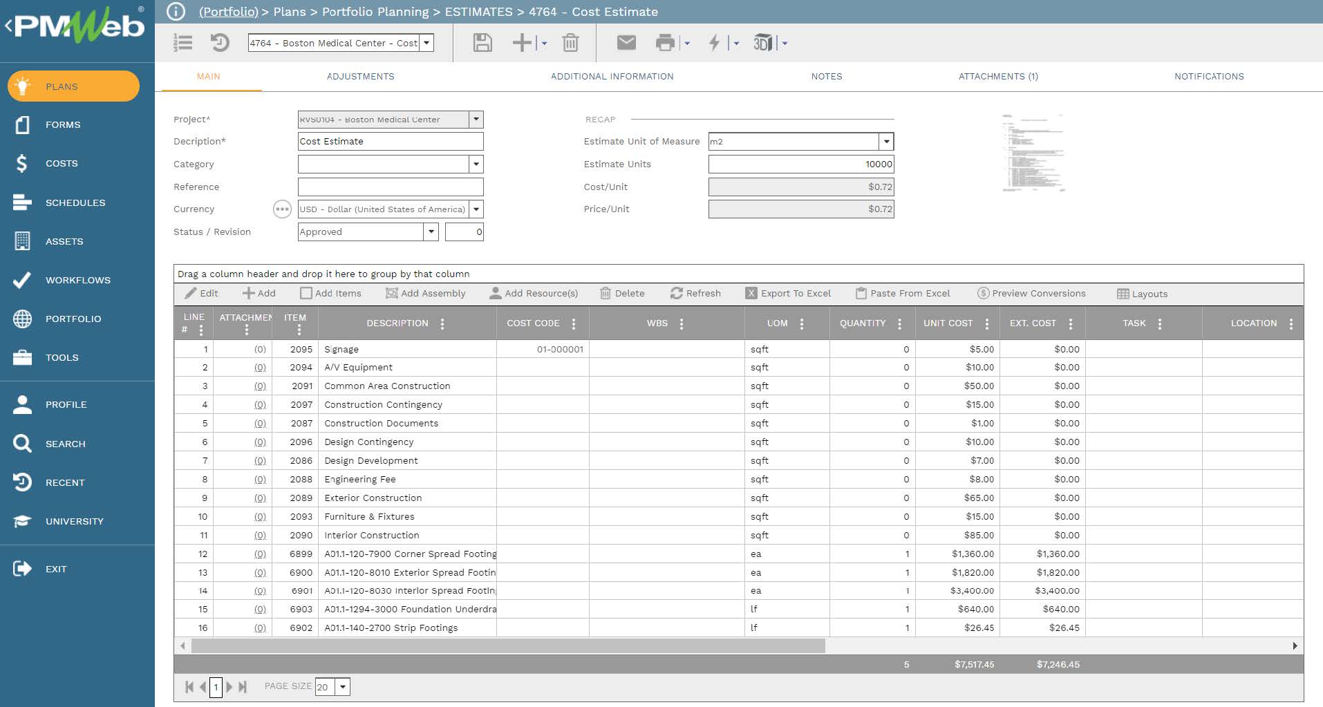 PMWeb 7 Plans Portfolio Planning Estimates Cost Estimate
Main