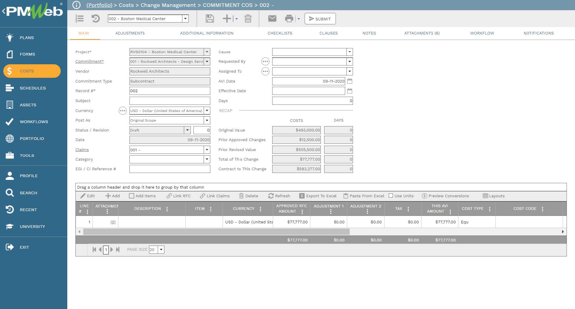 PMWeb 7 Costs Change Management Commitment COS
Main