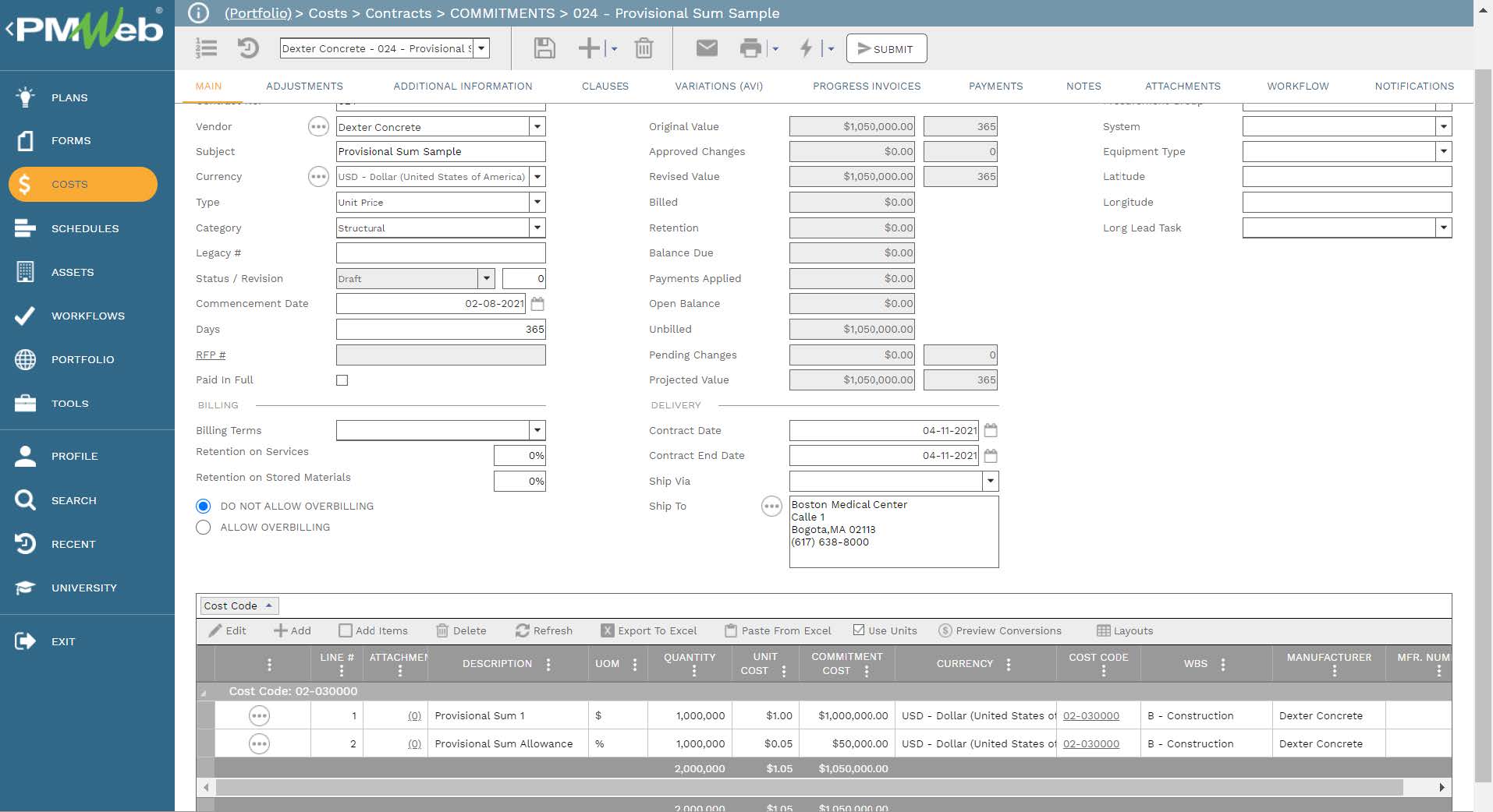 PMWeb 7 Costs Contracts Commitments Provisional Sum Sample
Main