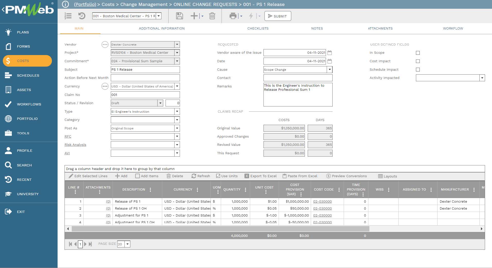 PMWeb 7 Costs Change Managment Online Change Requests PS Release
Main
