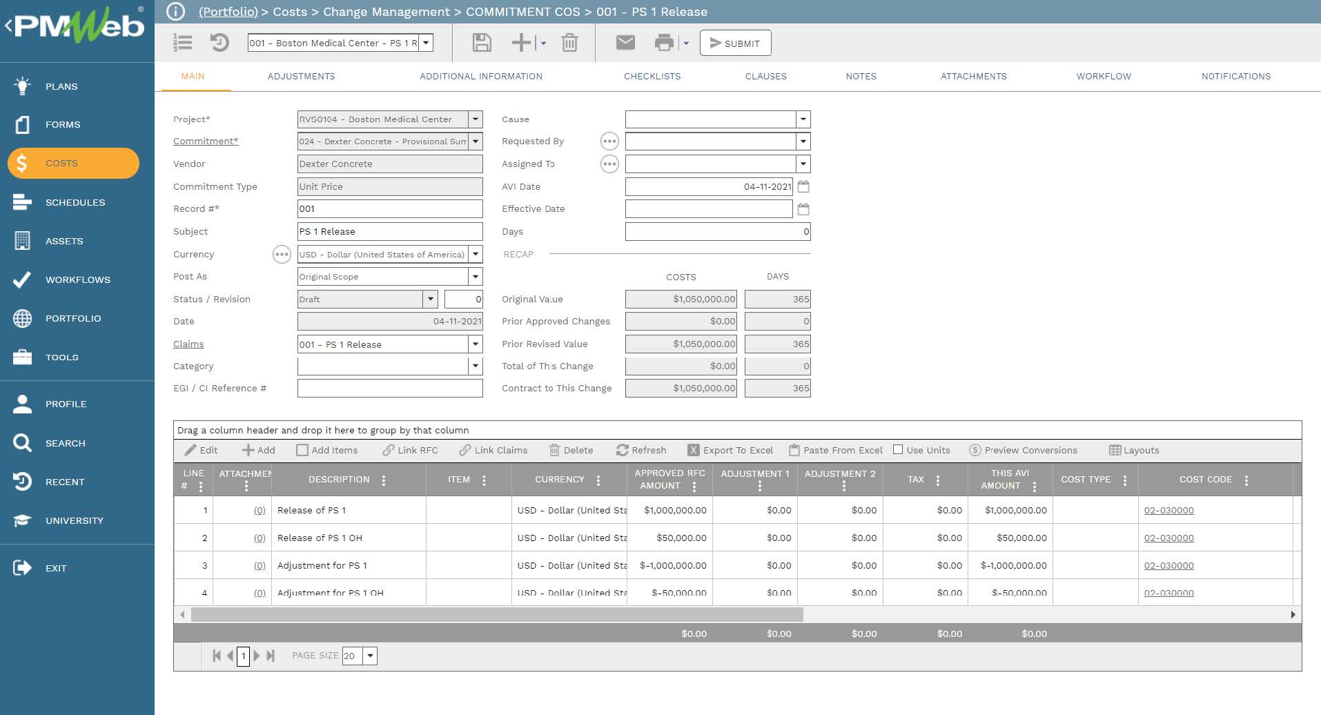 PMWeb 7 Costs Change Management Commitment COS PS Release
Main