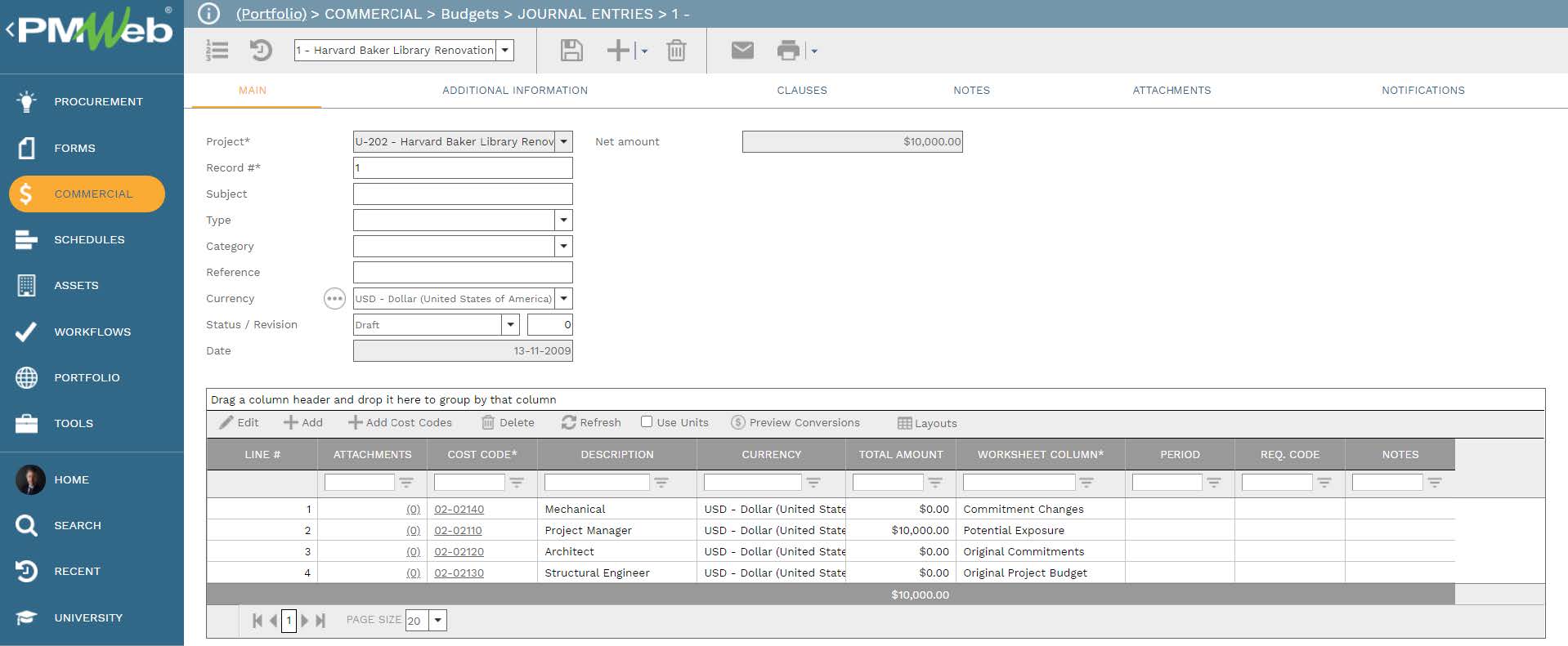 PMWeb Commercial Budgets Journal Entries
Main