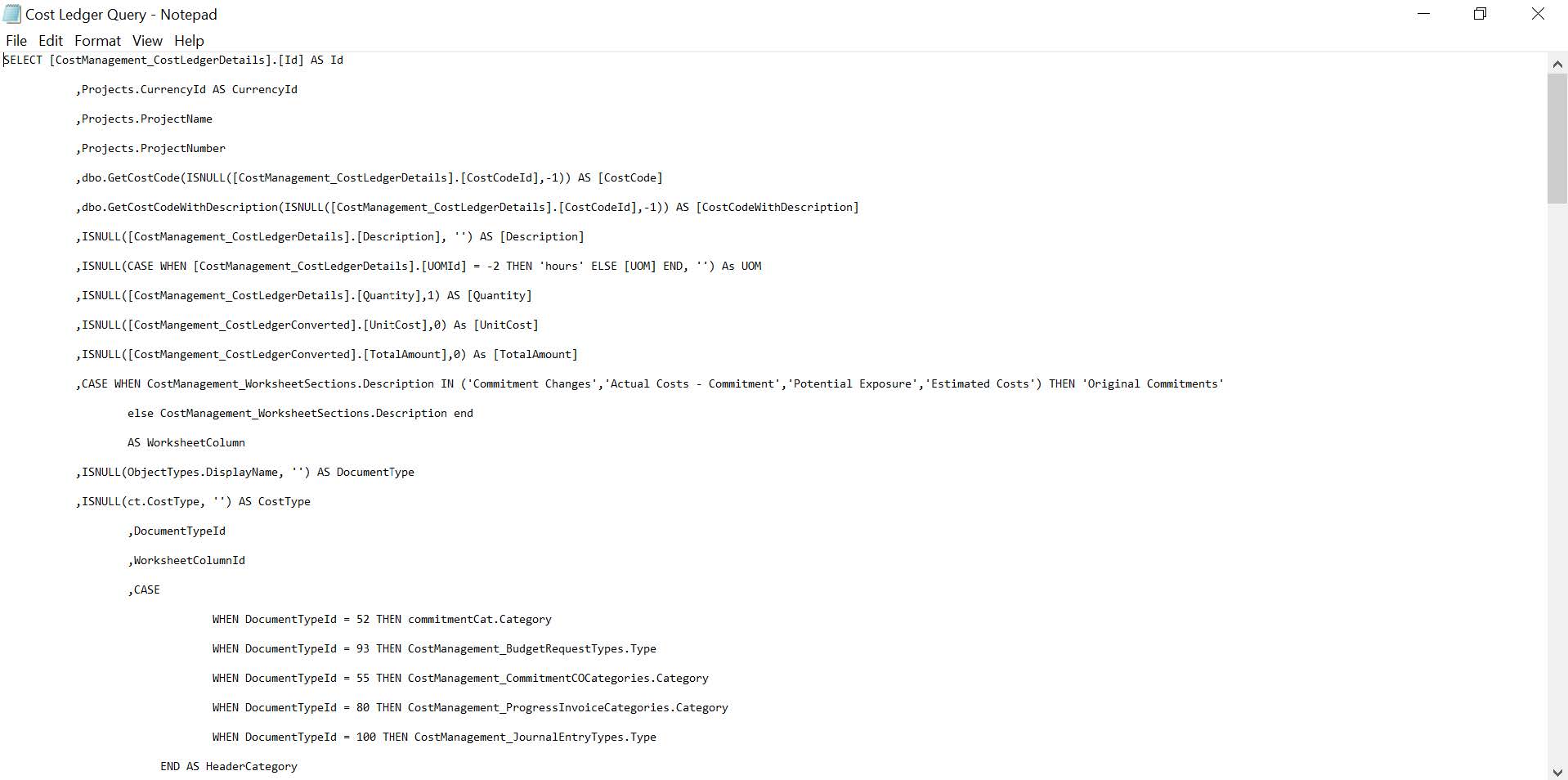PMWeb 7 Cost Ledger Query - Notepad