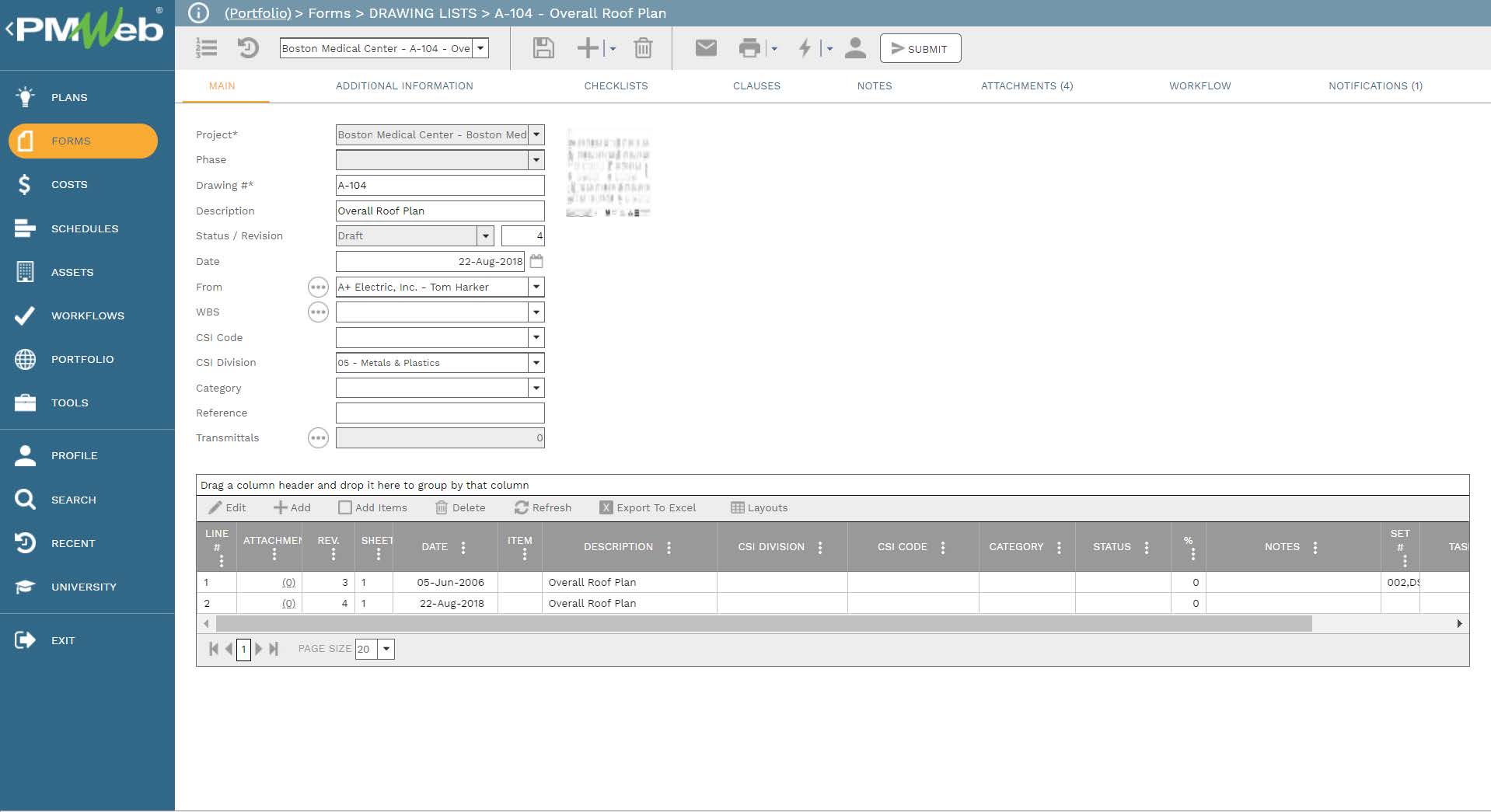 PMWeb 7 Forms Drawing Lists Overall Roof Plan 
Main 