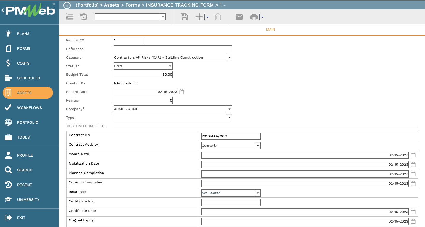 PMWeb 7 Assets Forms Insurance Tracking Form
Main