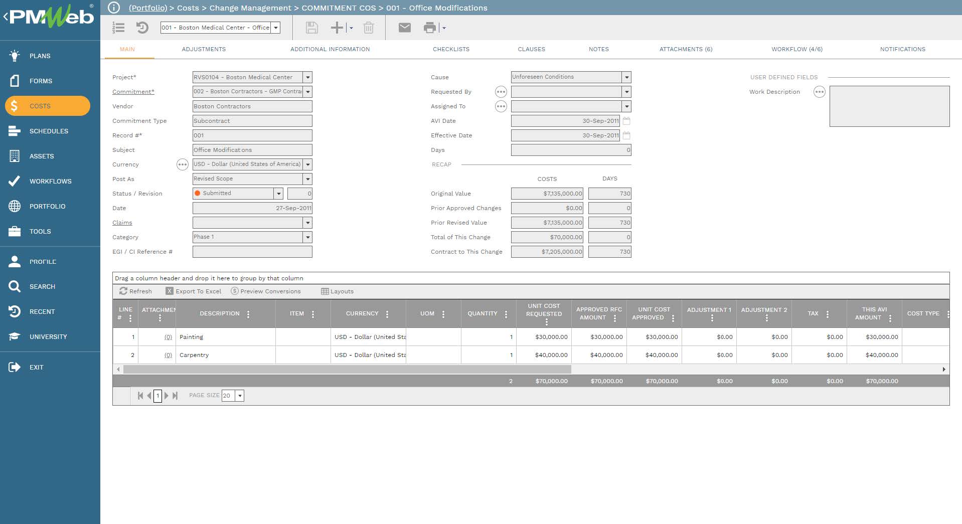 PMWeb 7 Costs Change Management
Commitment COS Office Notifications
Main